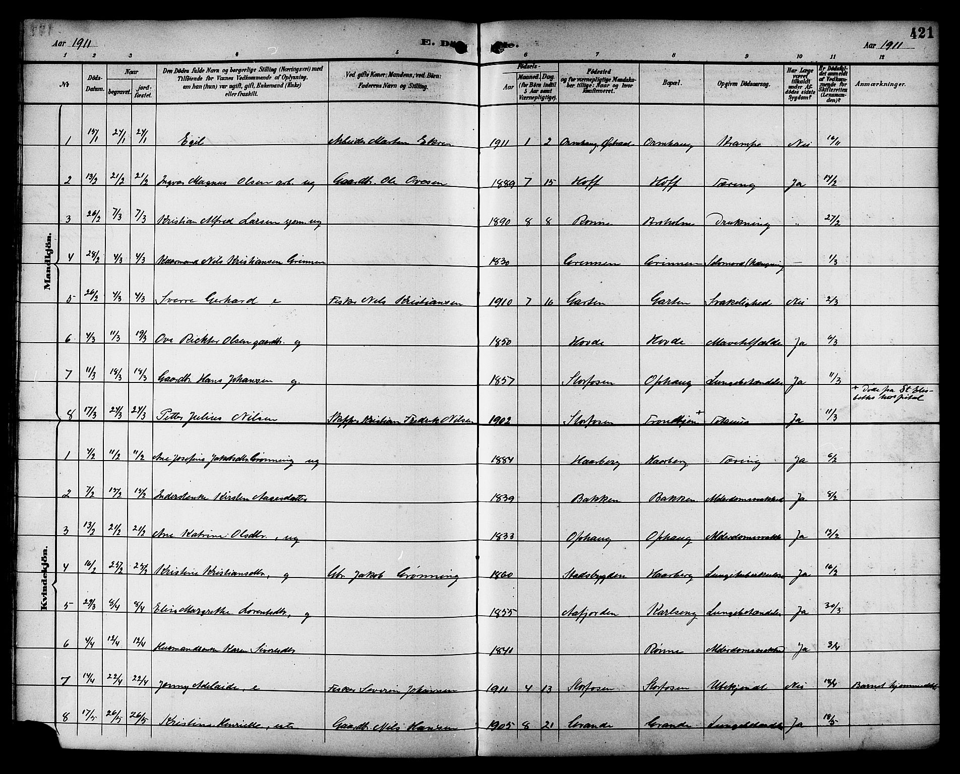 Ministerialprotokoller, klokkerbøker og fødselsregistre - Sør-Trøndelag, AV/SAT-A-1456/659/L0746: Klokkerbok nr. 659C03, 1893-1912, s. 421