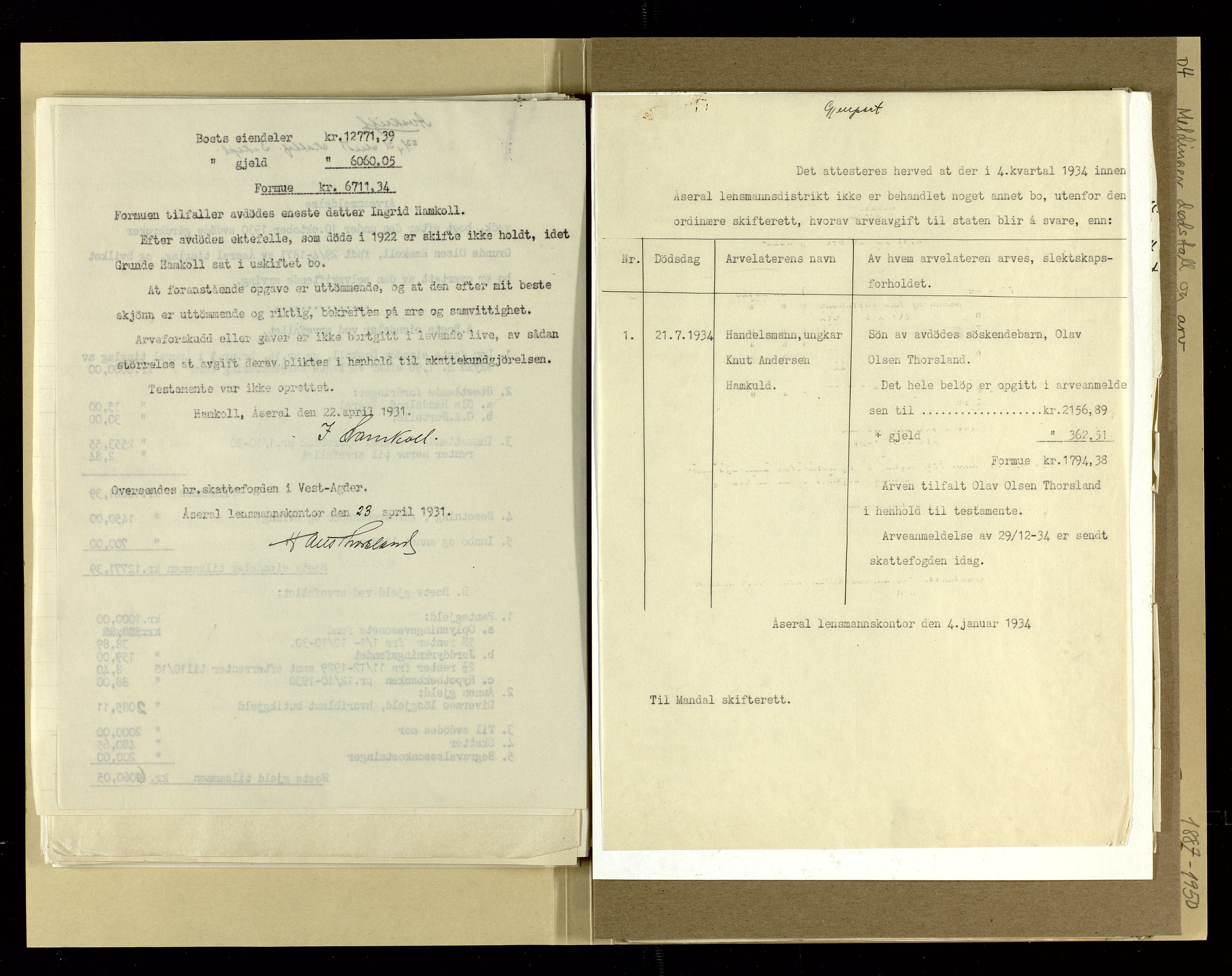 Åseral lensmannskontor, AV/SAK-1241-0055/F/Fe/L0001/0004: Dødsfallsprotokoller / Meldinger om dødsfall og arv, 1887-1950