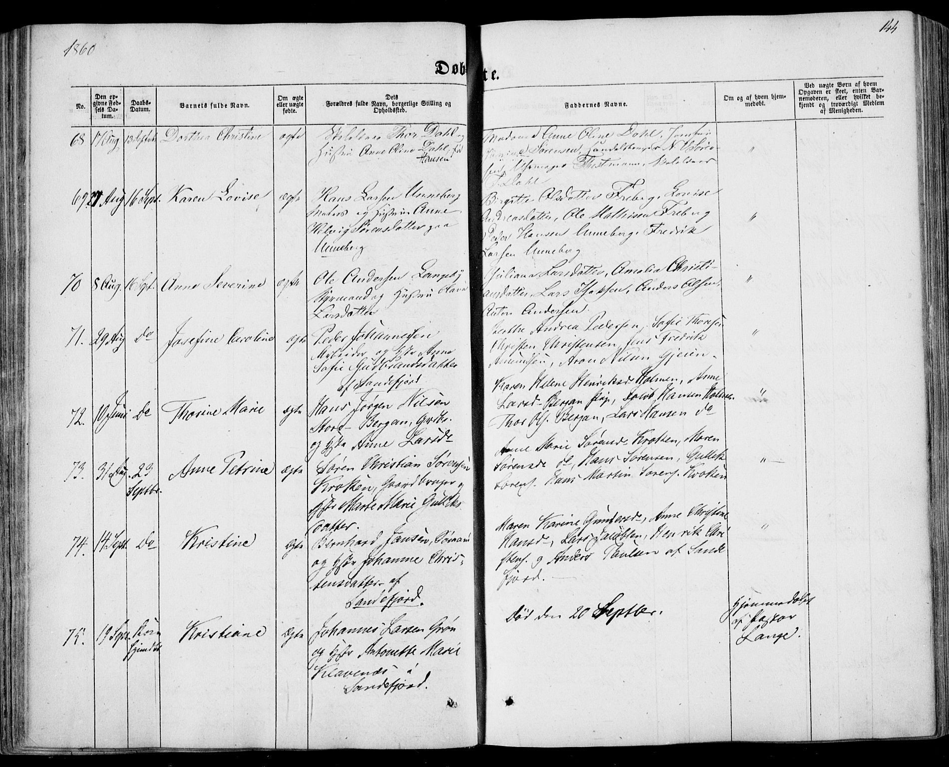 Sandar kirkebøker, AV/SAKO-A-243/F/Fa/L0007: Ministerialbok nr. 7, 1855-1861, s. 144