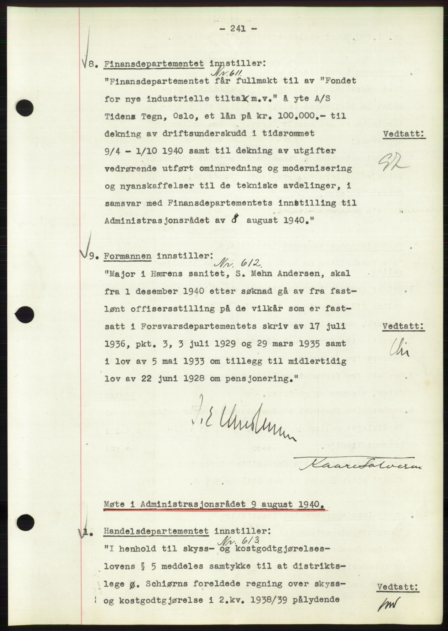 Administrasjonsrådet, RA/S-1004/A/L0002: Vedtaksprotokoll 16/4-25/9, 1940, s. 245