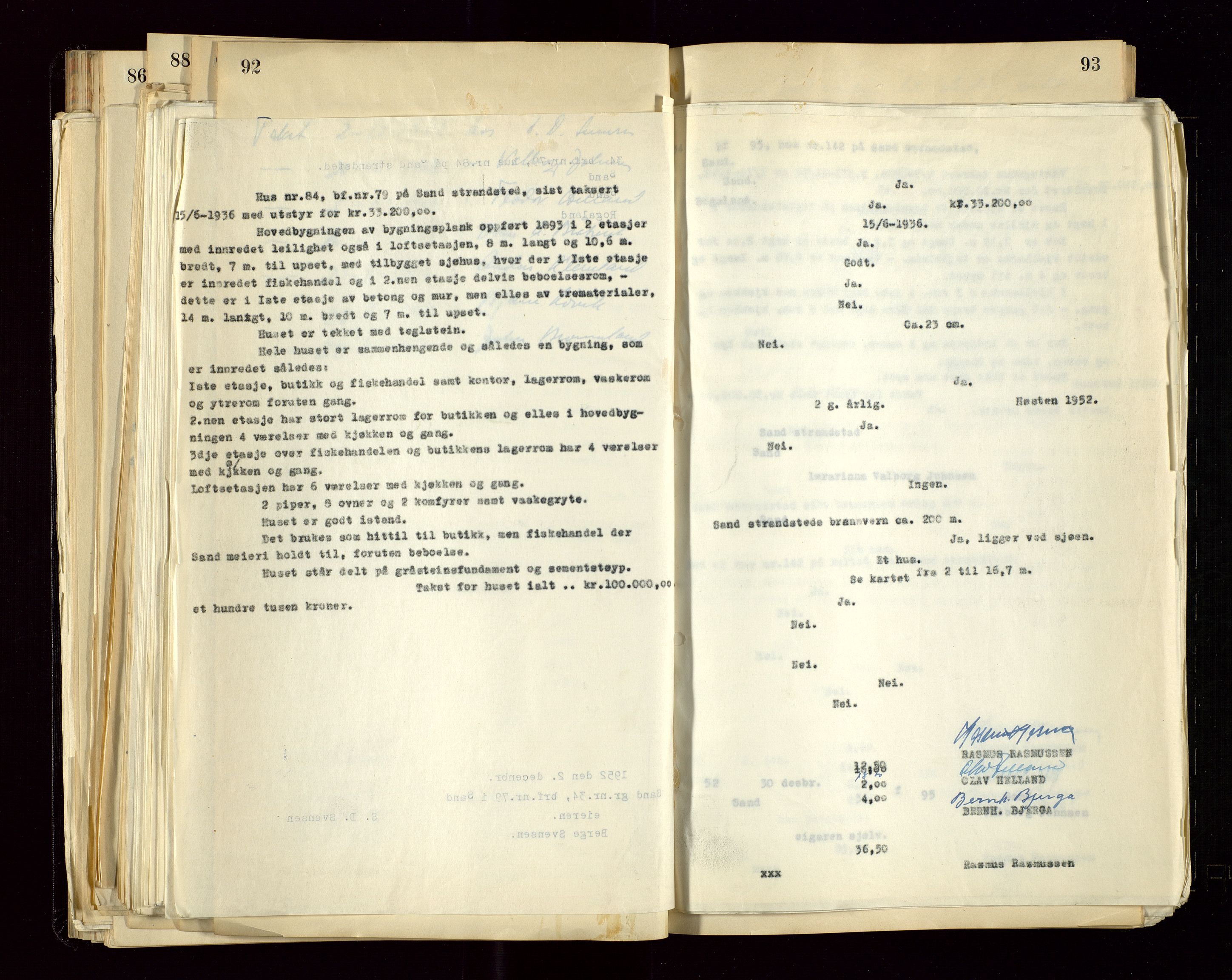 Sand lensmannskontor, AV/SAST-A-100415/Gob/L0004: Branntakstprotokoll, 1937-1955, s. 92-93