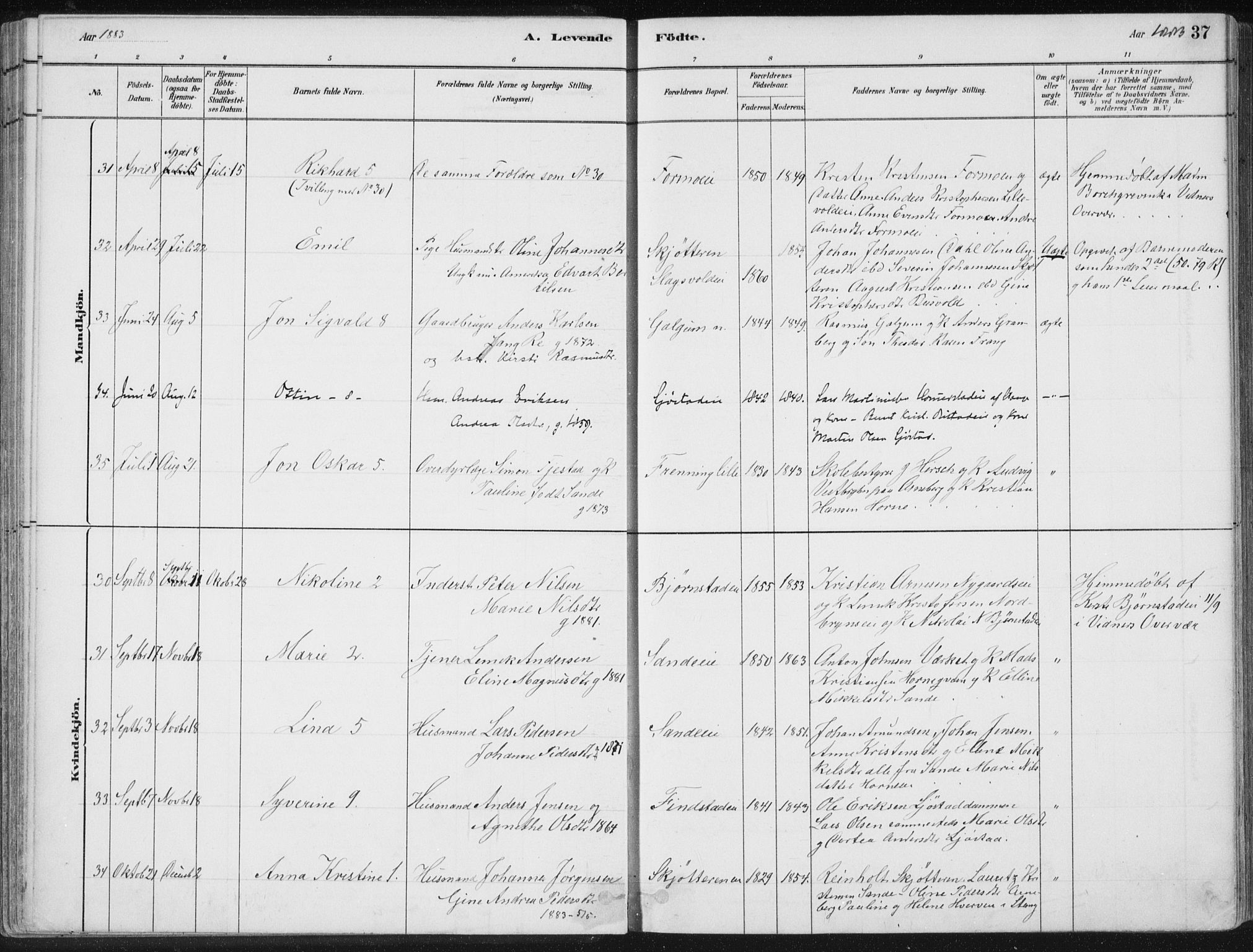 Romedal prestekontor, AV/SAH-PREST-004/K/L0010: Ministerialbok nr. 10, 1880-1895, s. 37