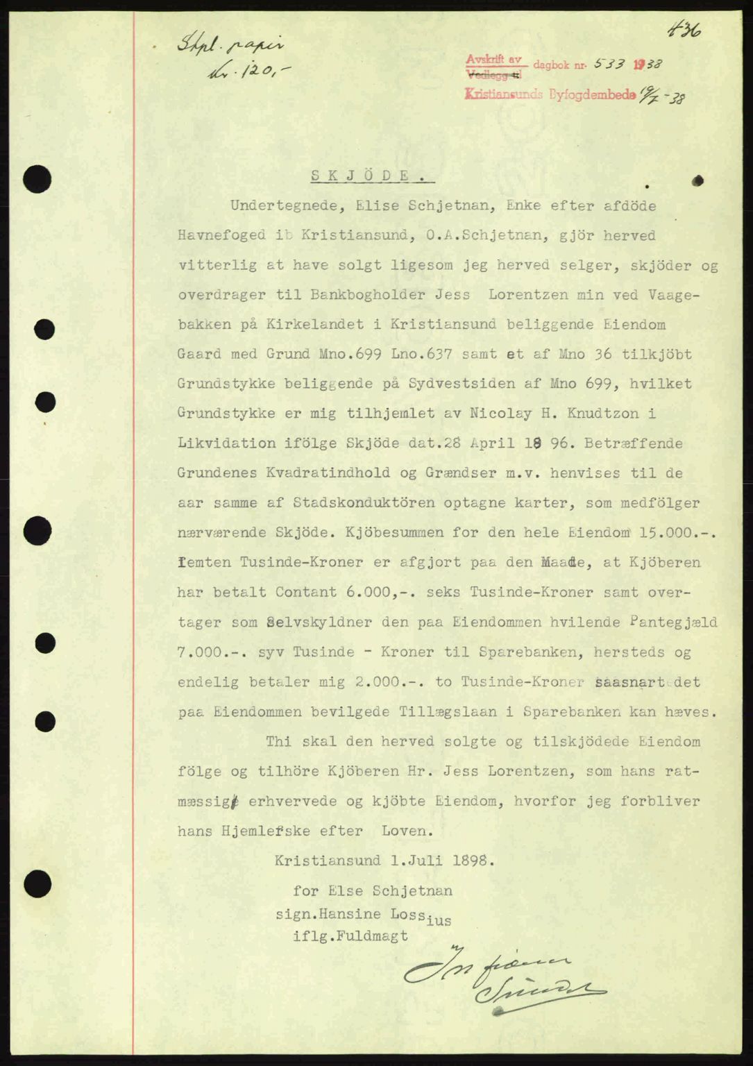 Kristiansund byfogd, AV/SAT-A-4587/A/27: Pantebok nr. 30, 1936-1941, Dagboknr: 533/1938