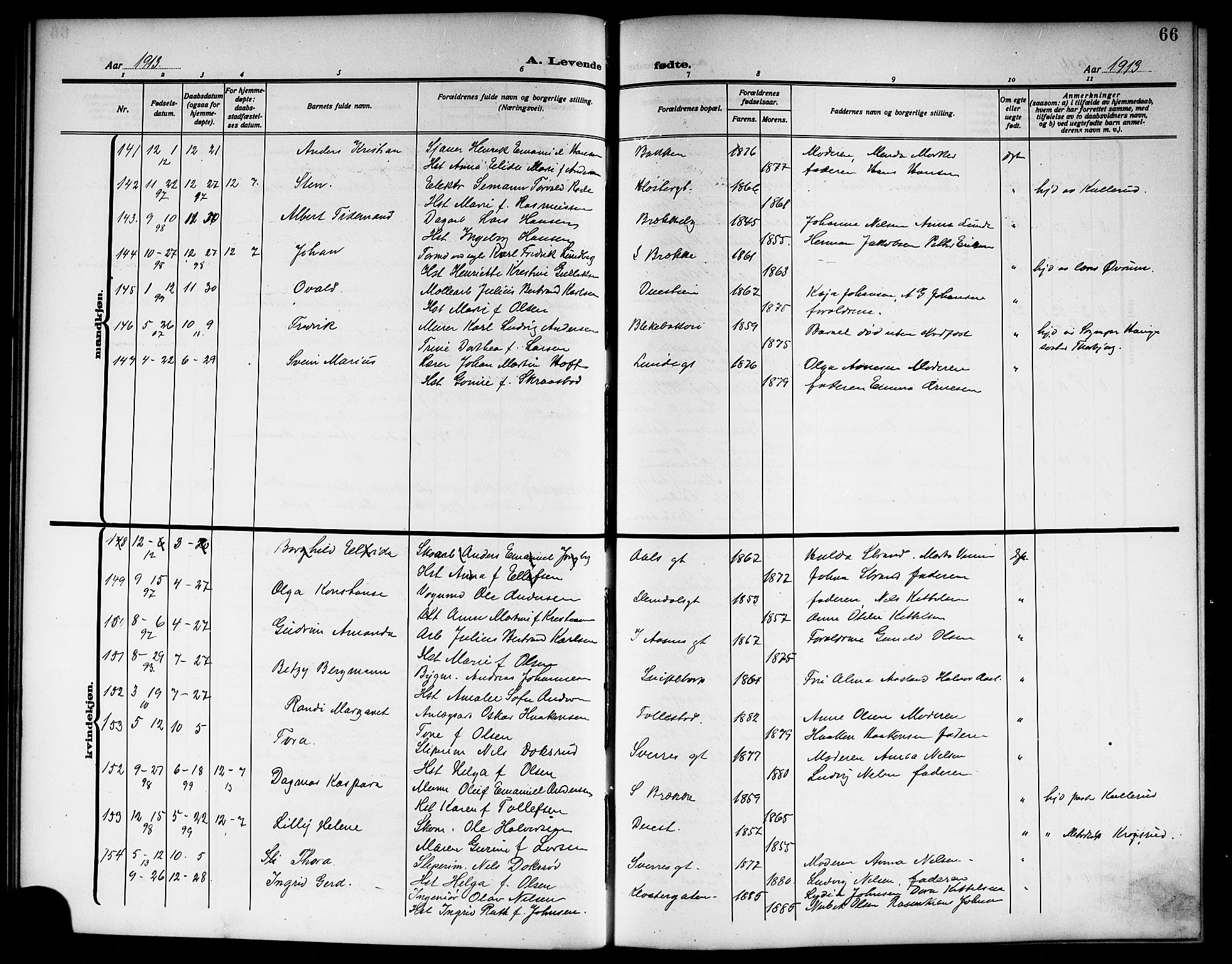 Skien kirkebøker, AV/SAKO-A-302/G/Ga/L0009: Klokkerbok nr. 9, 1910-1920, s. 66