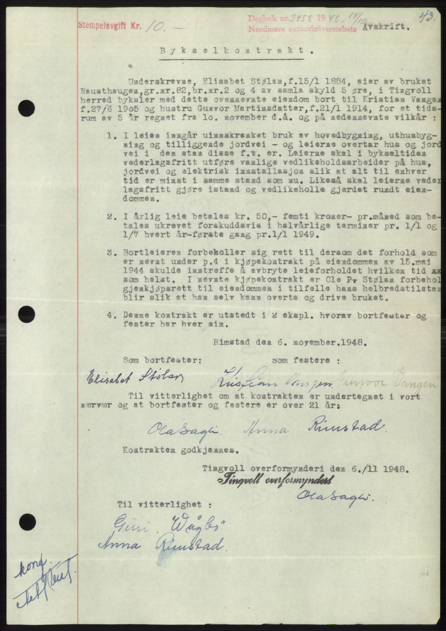 Nordmøre sorenskriveri, SAT/A-4132/1/2/2Ca: Pantebok nr. B100, 1948-1949, Dagboknr: 3458/1948