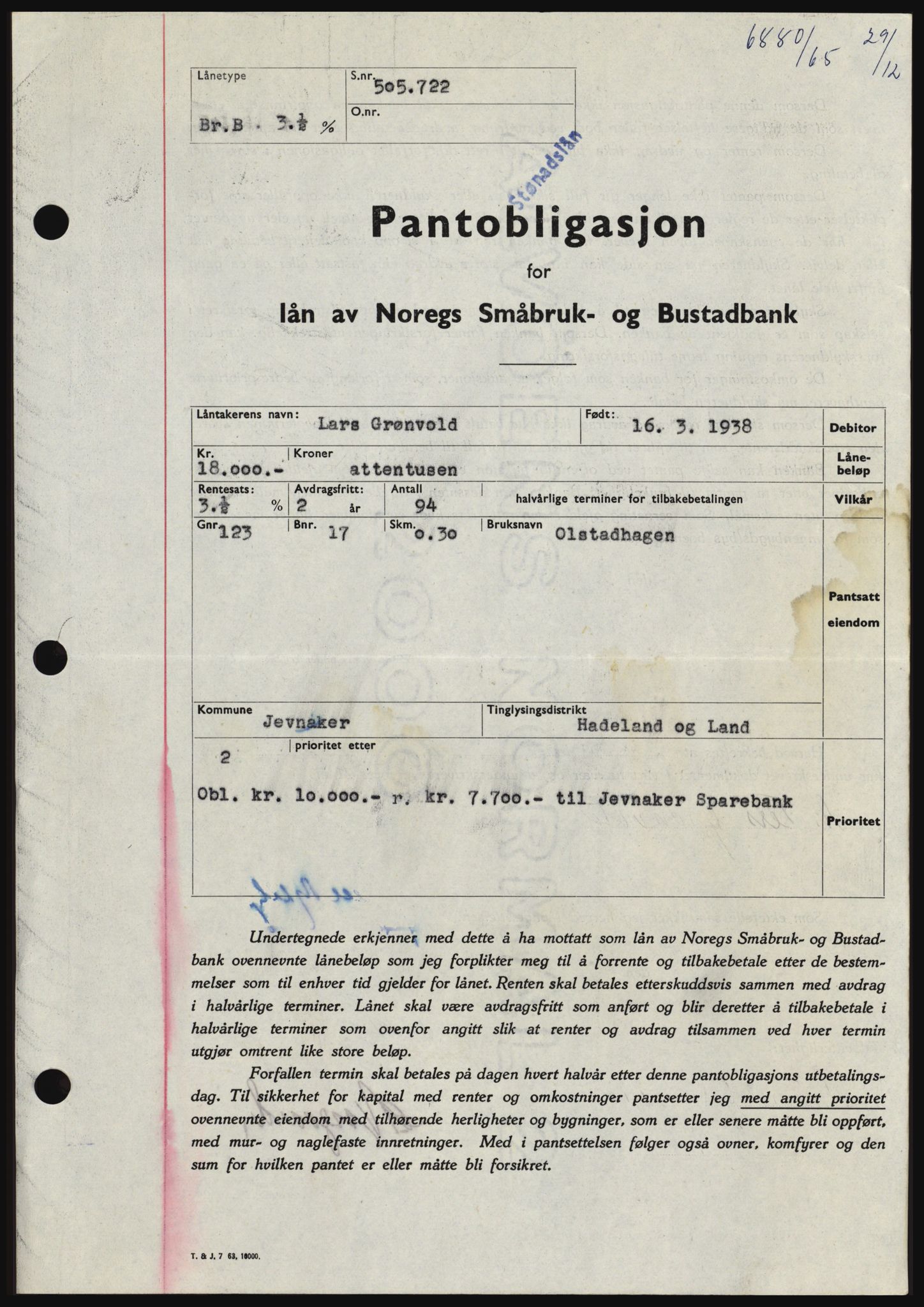 Hadeland og Land tingrett, SAH/TING-010/H/Hb/Hbc/L0061: Pantebok nr. B61, 1965-1966, Dagboknr: 6880/1965