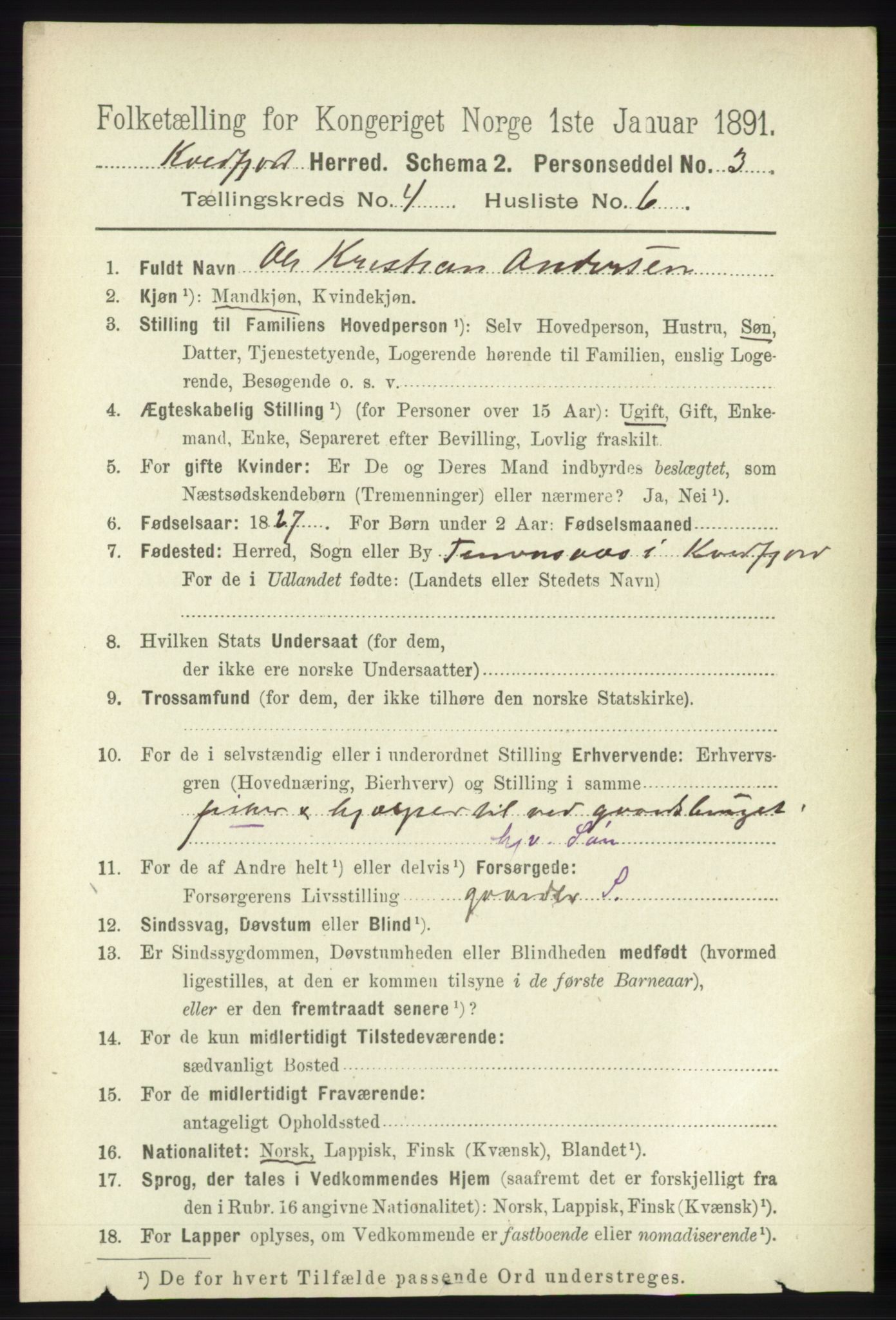 RA, Folketelling 1891 for 1911 Kvæfjord herred, 1891, s. 1923