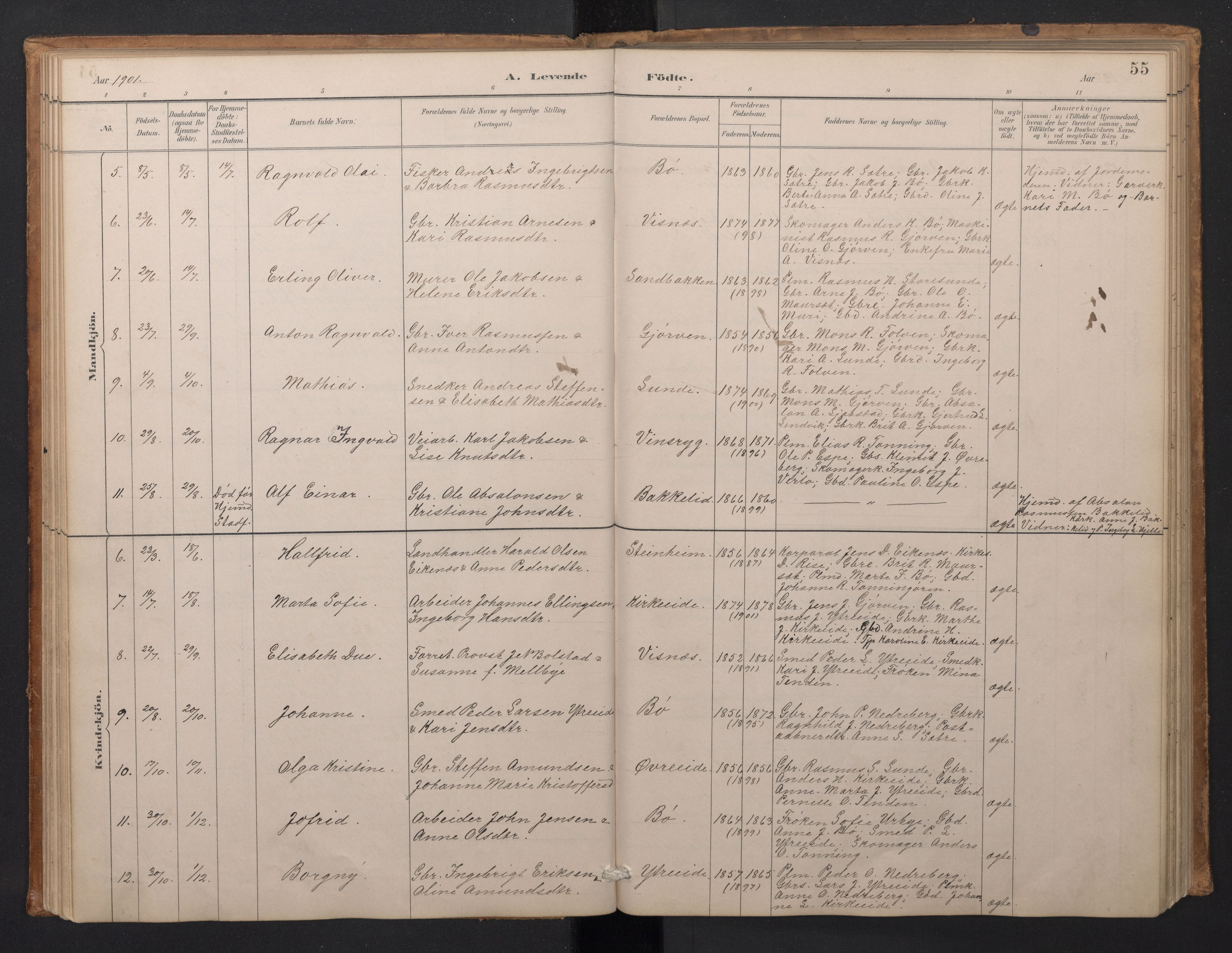 Stryn Sokneprestembete, AV/SAB-A-82501: Klokkerbok nr. A 2, 1883-1905, s. 54b-55a