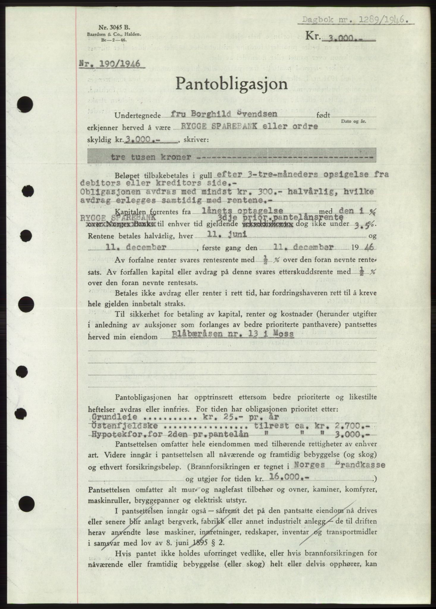 Moss sorenskriveri, SAO/A-10168: Pantebok nr. B15, 1946-1946, Dagboknr: 1289/1946