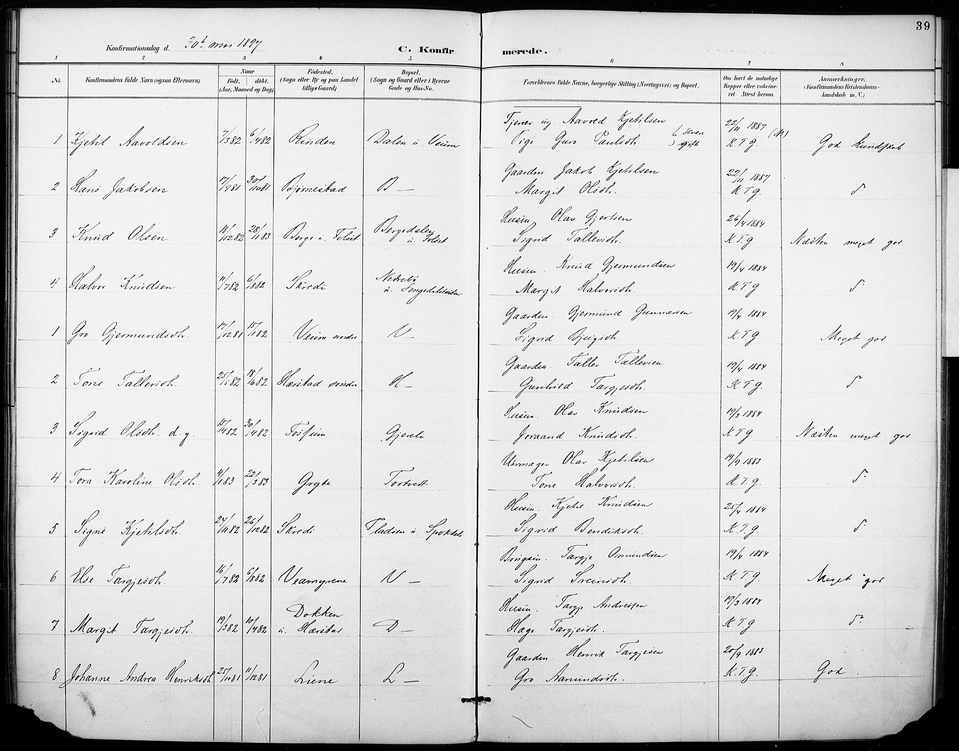 Fyresdal kirkebøker, AV/SAKO-A-263/F/Fb/L0003: Ministerialbok nr. II 3, 1887-1903, s. 39
