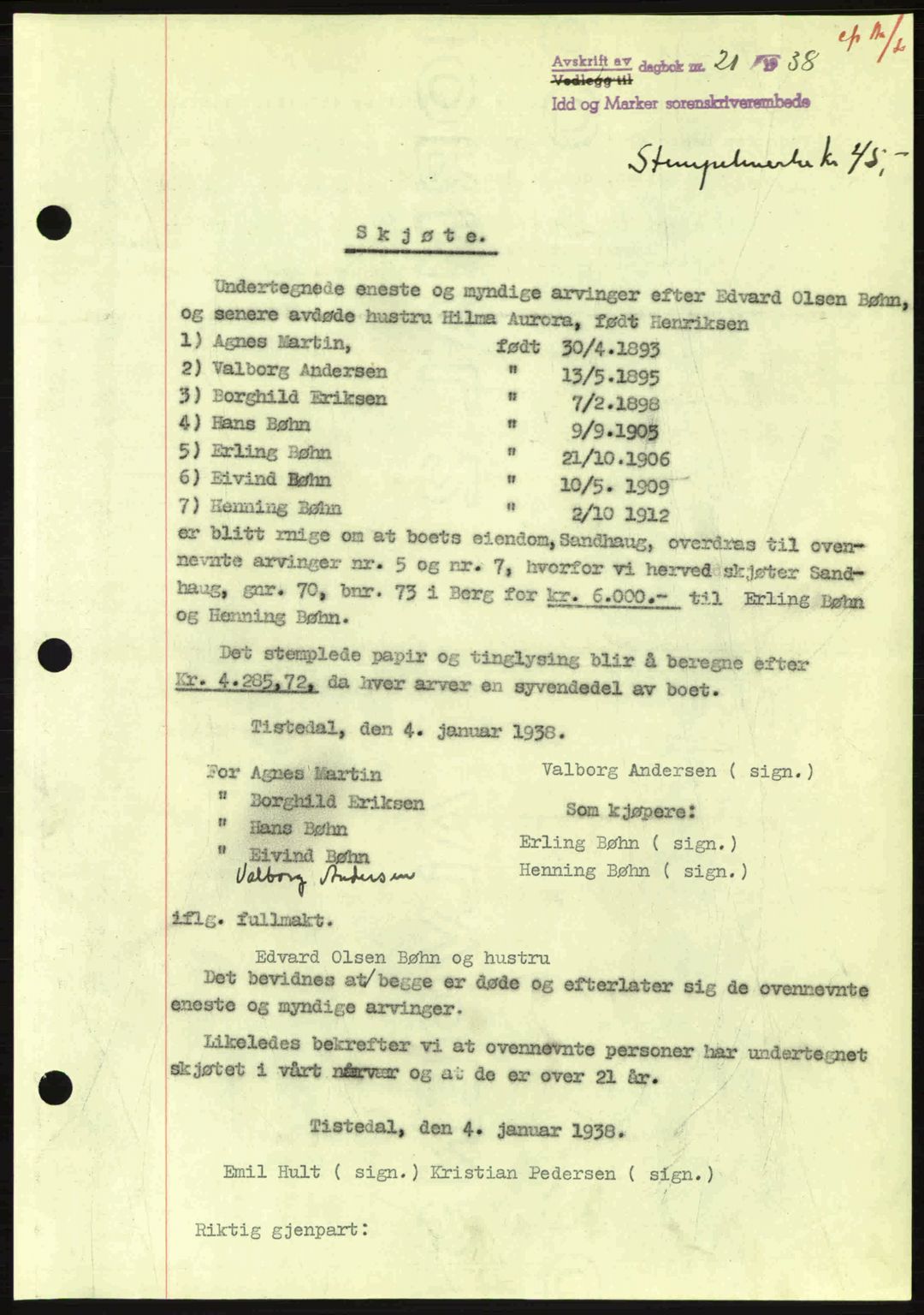 Idd og Marker sorenskriveri, AV/SAO-A-10283/G/Gb/Gbb/L0002: Pantebok nr. A2, 1937-1938, Dagboknr: 21/1938