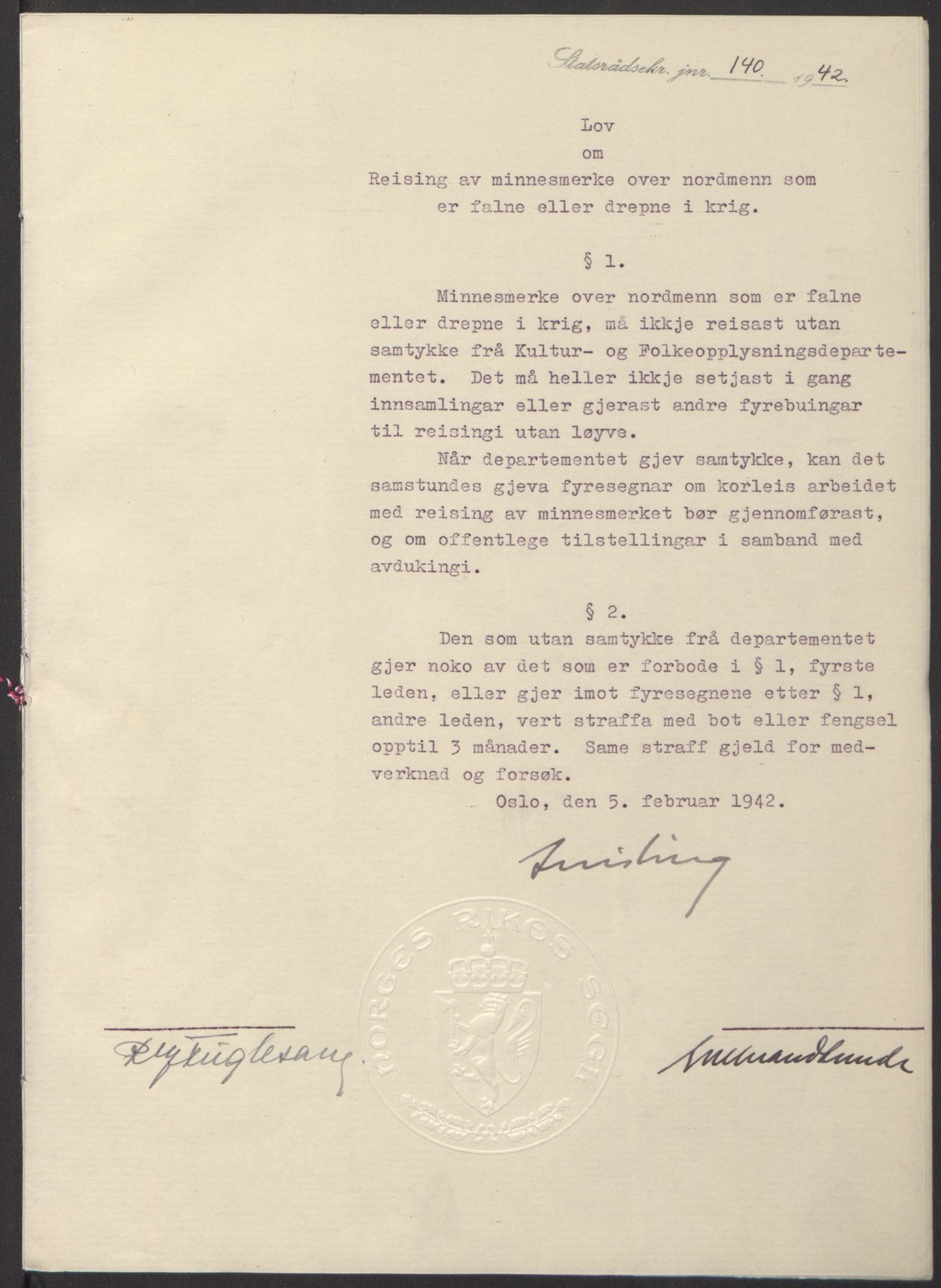 NS-administrasjonen 1940-1945 (Statsrådsekretariatet, de kommisariske statsråder mm), RA/S-4279/D/Db/L0097: Lover I, 1942, s. 6