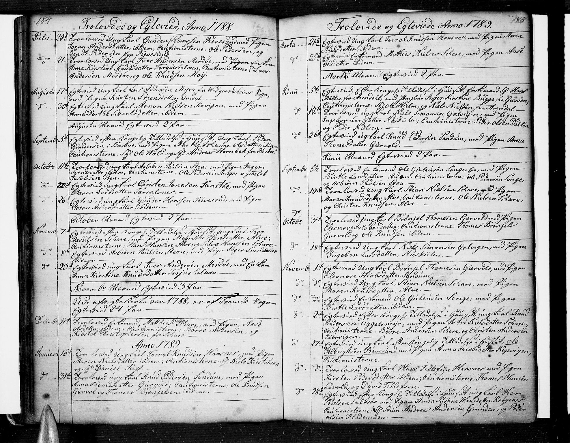 Tromøy sokneprestkontor, AV/SAK-1111-0041/F/Fa/L0002: Ministerialbok nr. A 2, 1773-1808, s. 184-185