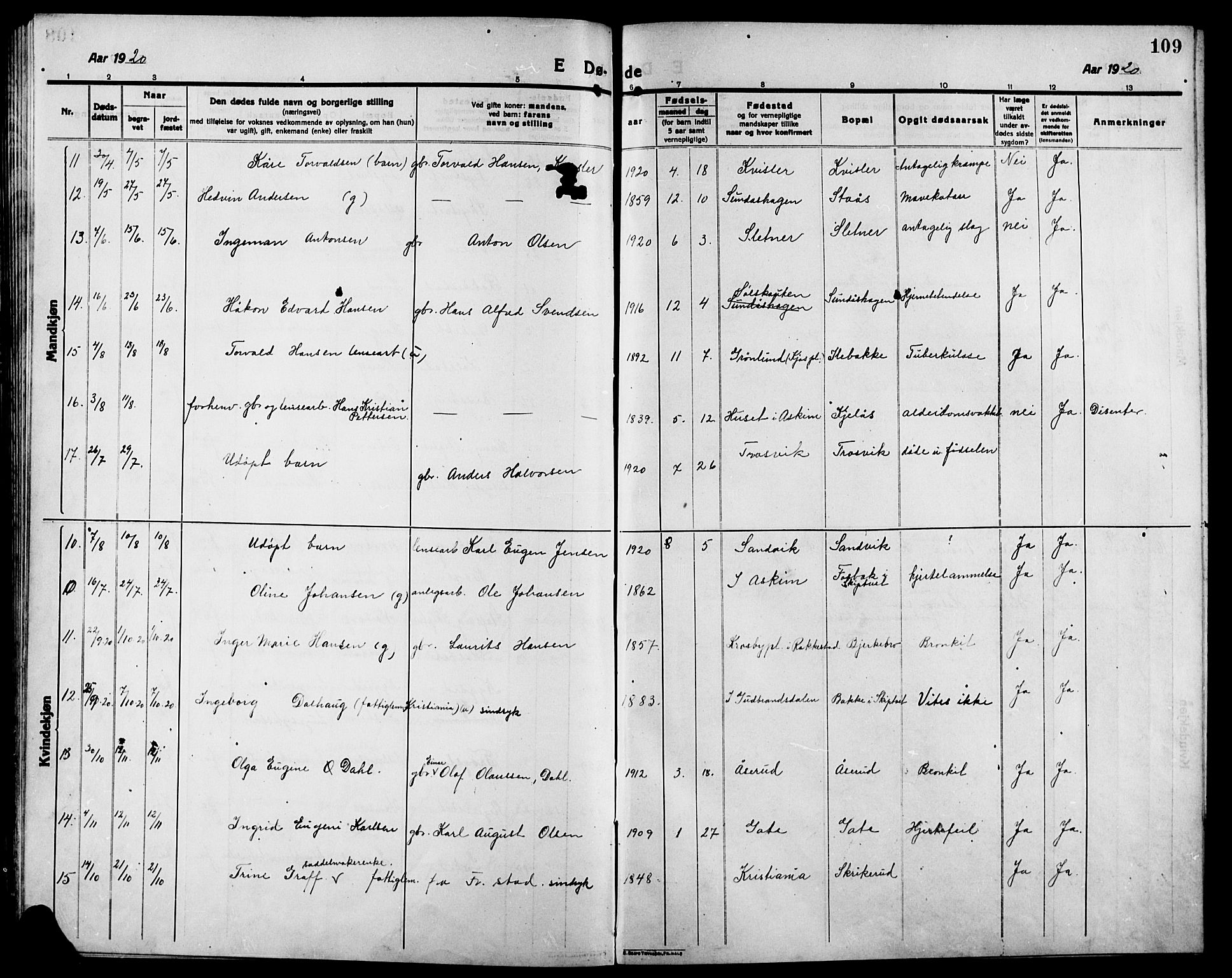 Skiptvet prestekontor Kirkebøker, AV/SAO-A-20009/G/Ga/L0003: Klokkerbok nr. 3, 1916-1924, s. 109