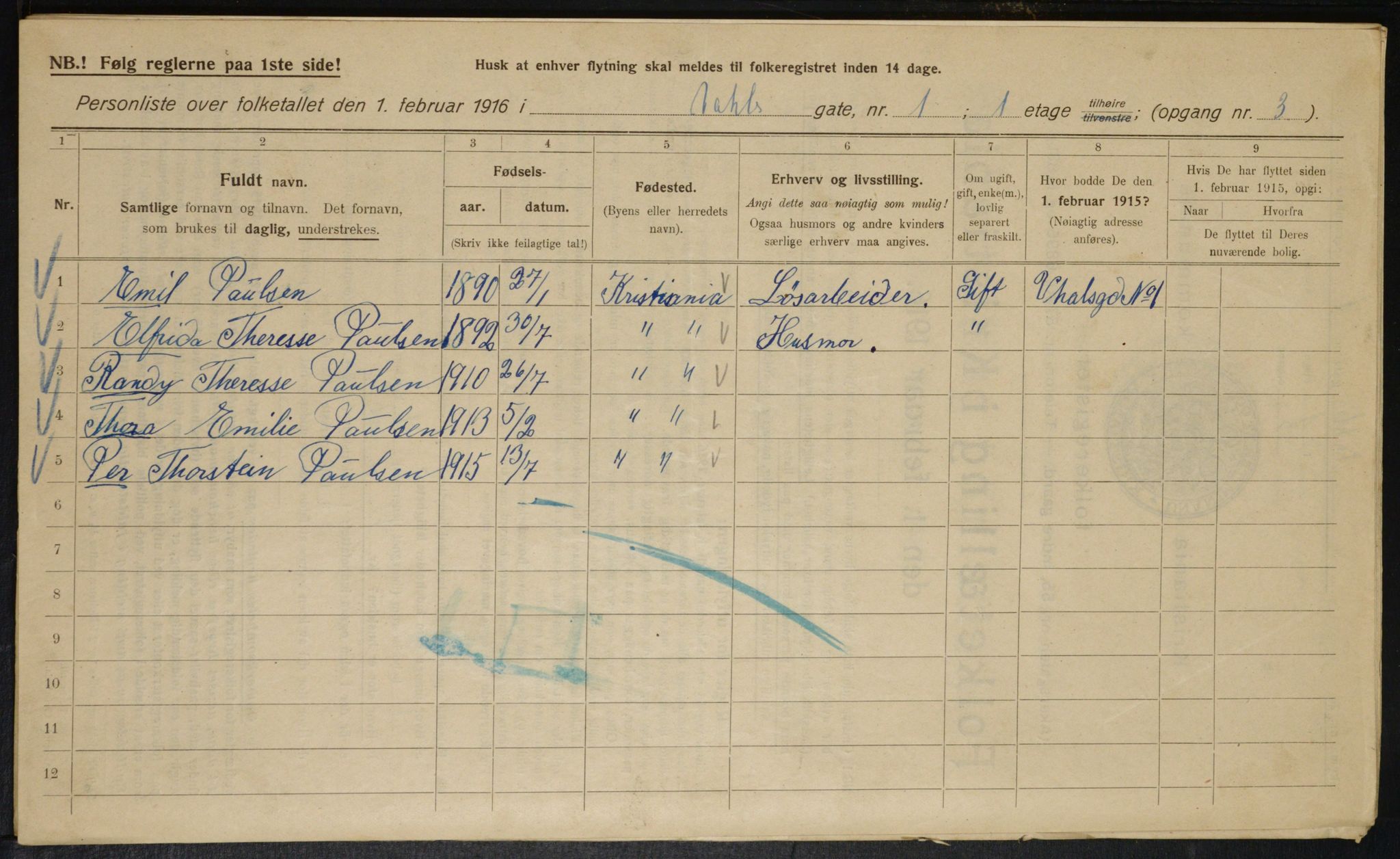 OBA, Kommunal folketelling 1.2.1916 for Kristiania, 1916, s. 125141