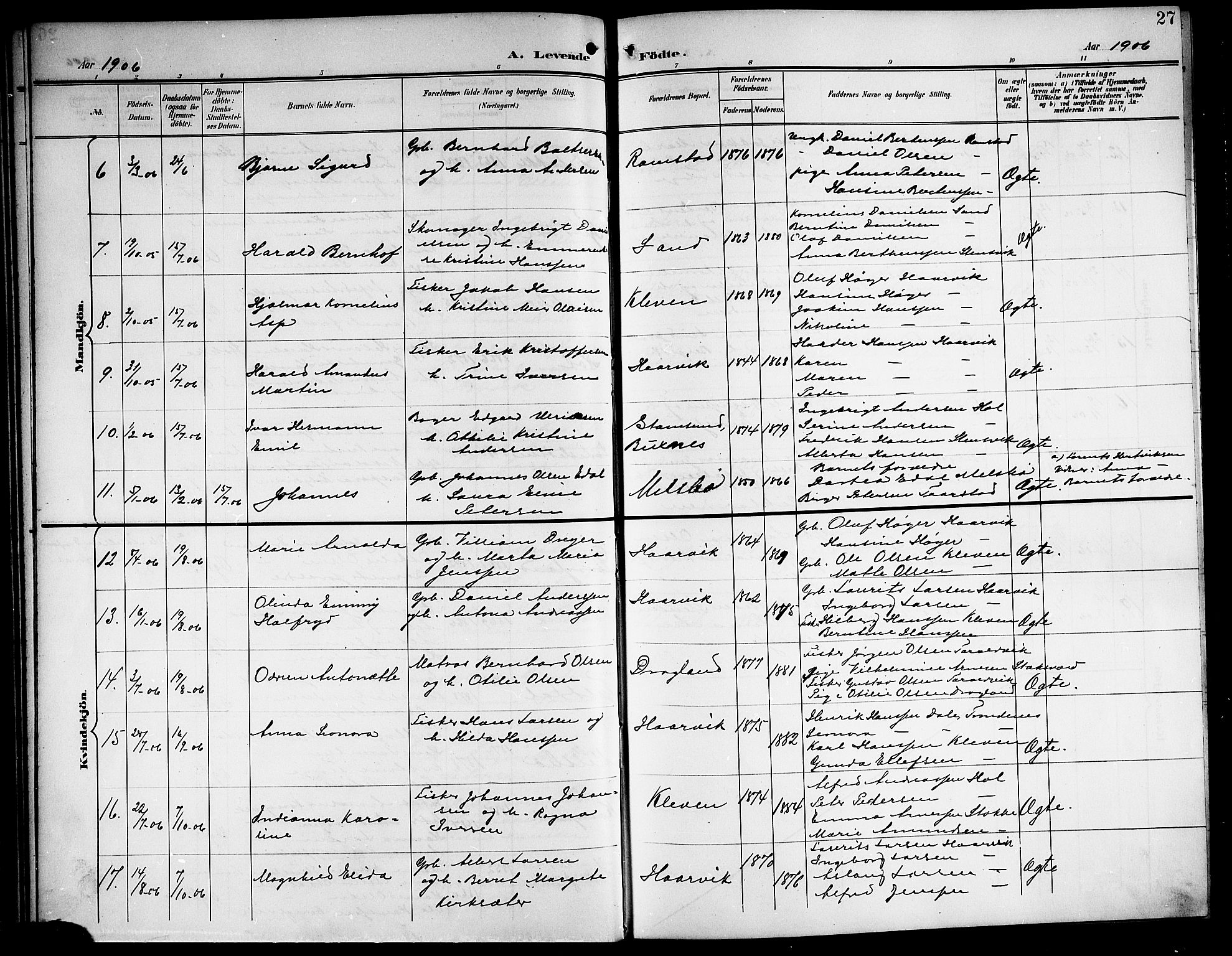 Ministerialprotokoller, klokkerbøker og fødselsregistre - Nordland, AV/SAT-A-1459/865/L0932: Klokkerbok nr. 865C04, 1901-1917, s. 27