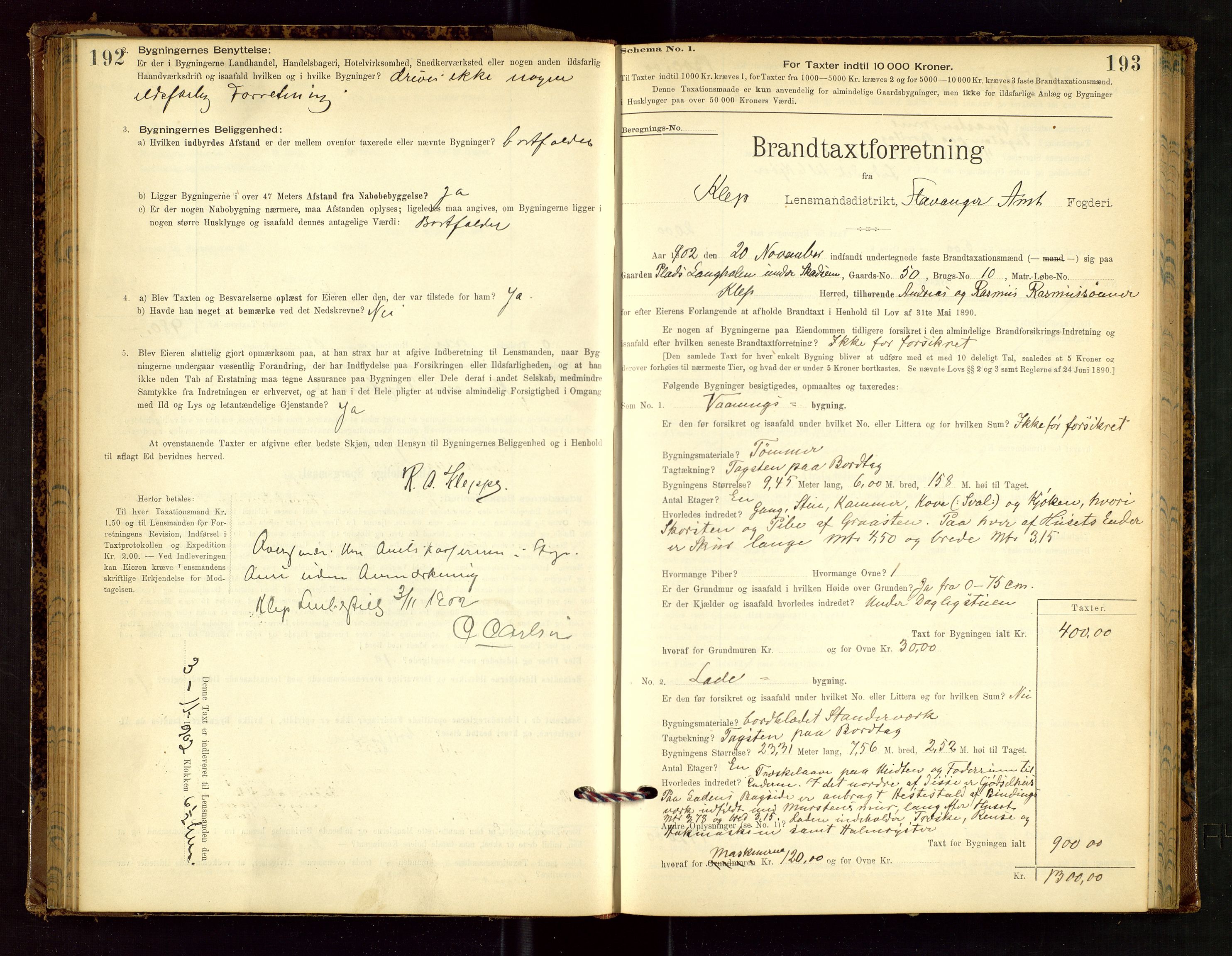 Klepp lensmannskontor, SAST/A-100163/Goc/L0002: "Brandtaxationsprotokol" m/register, 1898-1902, s. 192-193