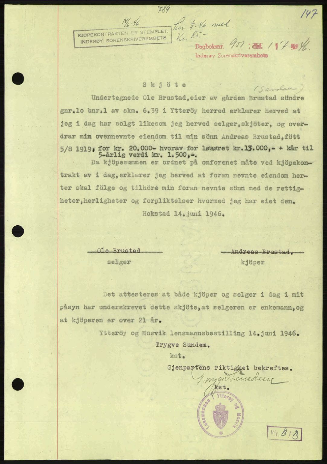 Inderøy sorenskriveri, SAT/A-4147/1/2/2C: Pantebok nr. Y1, 1936-1950, Dagboknr: 951/1946