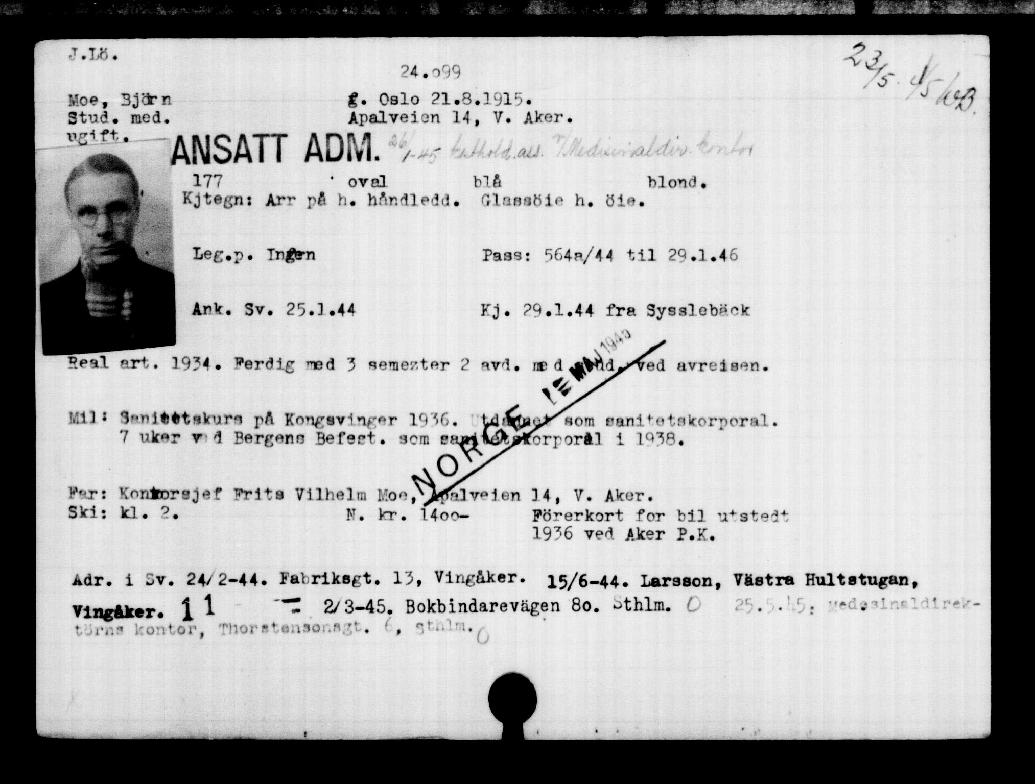 Utenriksstasjonene, Legasjonen i Stockholm, Flyktningkontoret, AV/RA-S-6753/V/Va/L0010: Kjesäterkartoteket, flyktninger med registreringsnr. 22000-25314, 1940-1945, s. 2221