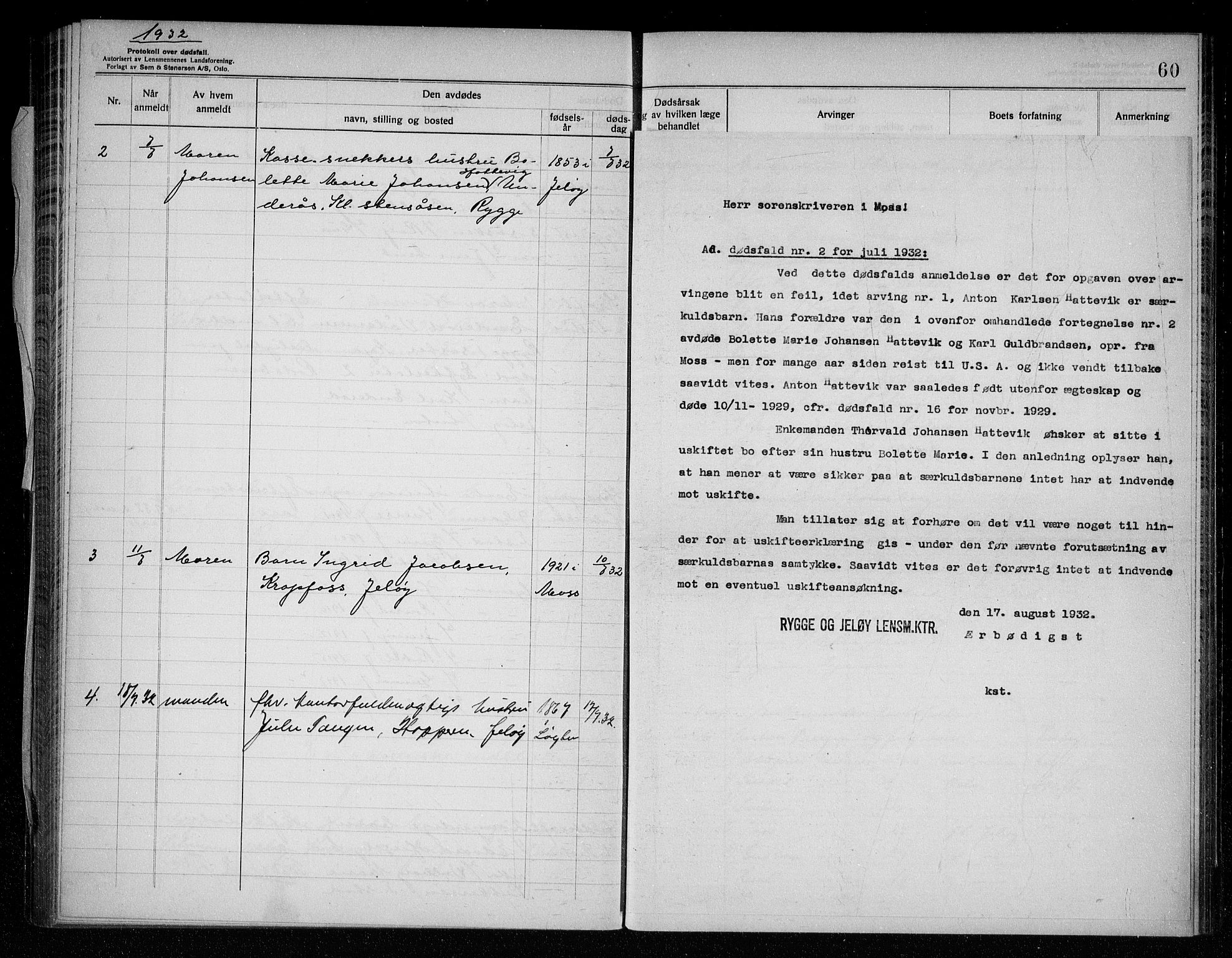 Rygge lensmannskontor, AV/SAO-A-10005/H/Ha/Haa/L0009: Dødsfallsprotokoll, 1929-1933, s. 60