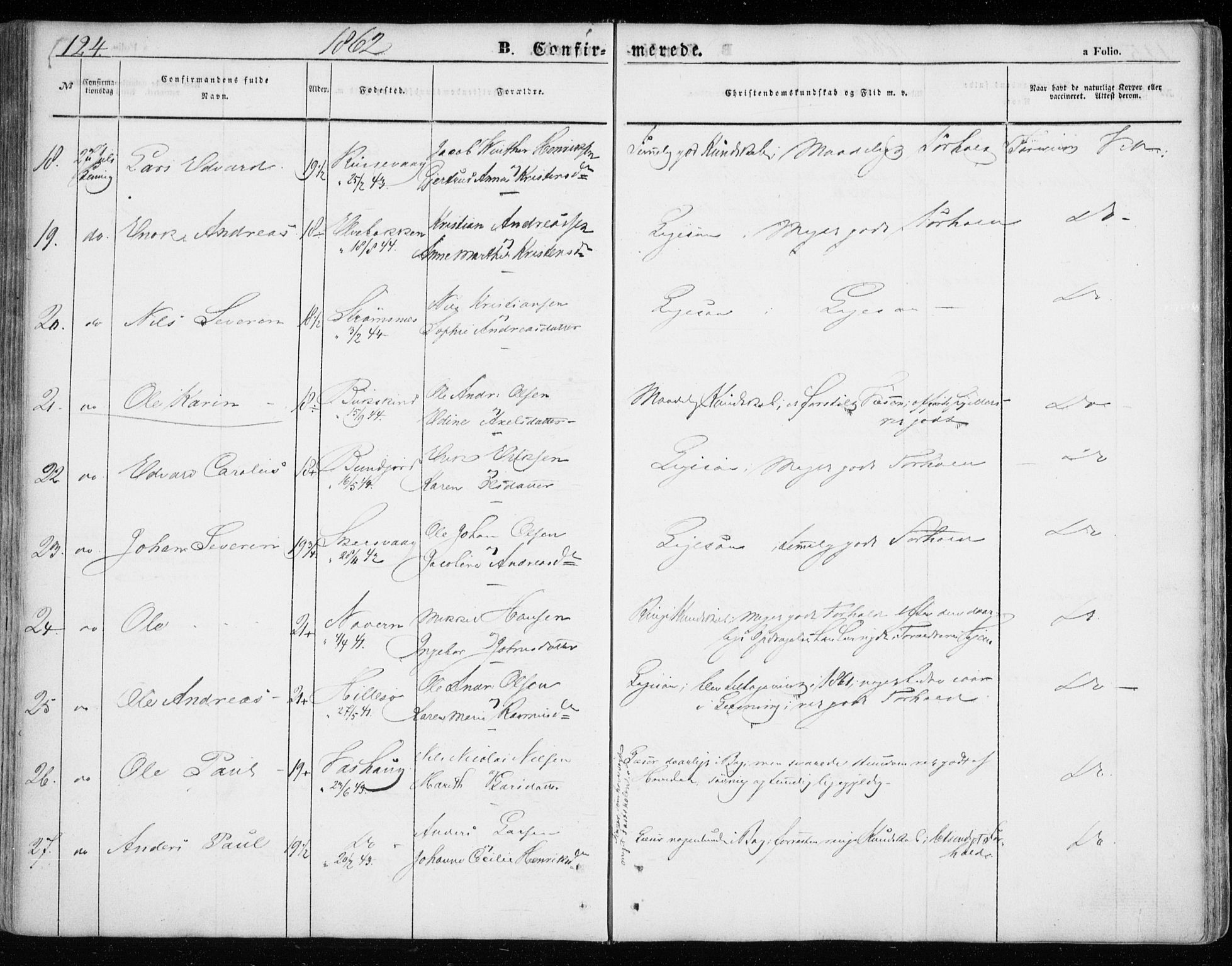 Lenvik sokneprestembete, SATØ/S-1310/H/Ha/Haa/L0007kirke: Ministerialbok nr. 7, 1855-1865, s. 124
