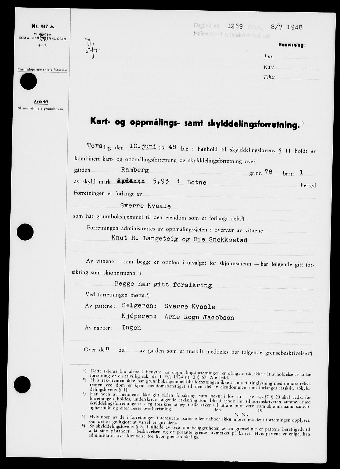 Holmestrand sorenskriveri, SAKO/A-67/G/Ga/Gaa/L0064: Pantebok nr. A-64, 1948-1948, Dagboknr: 1269/1948
