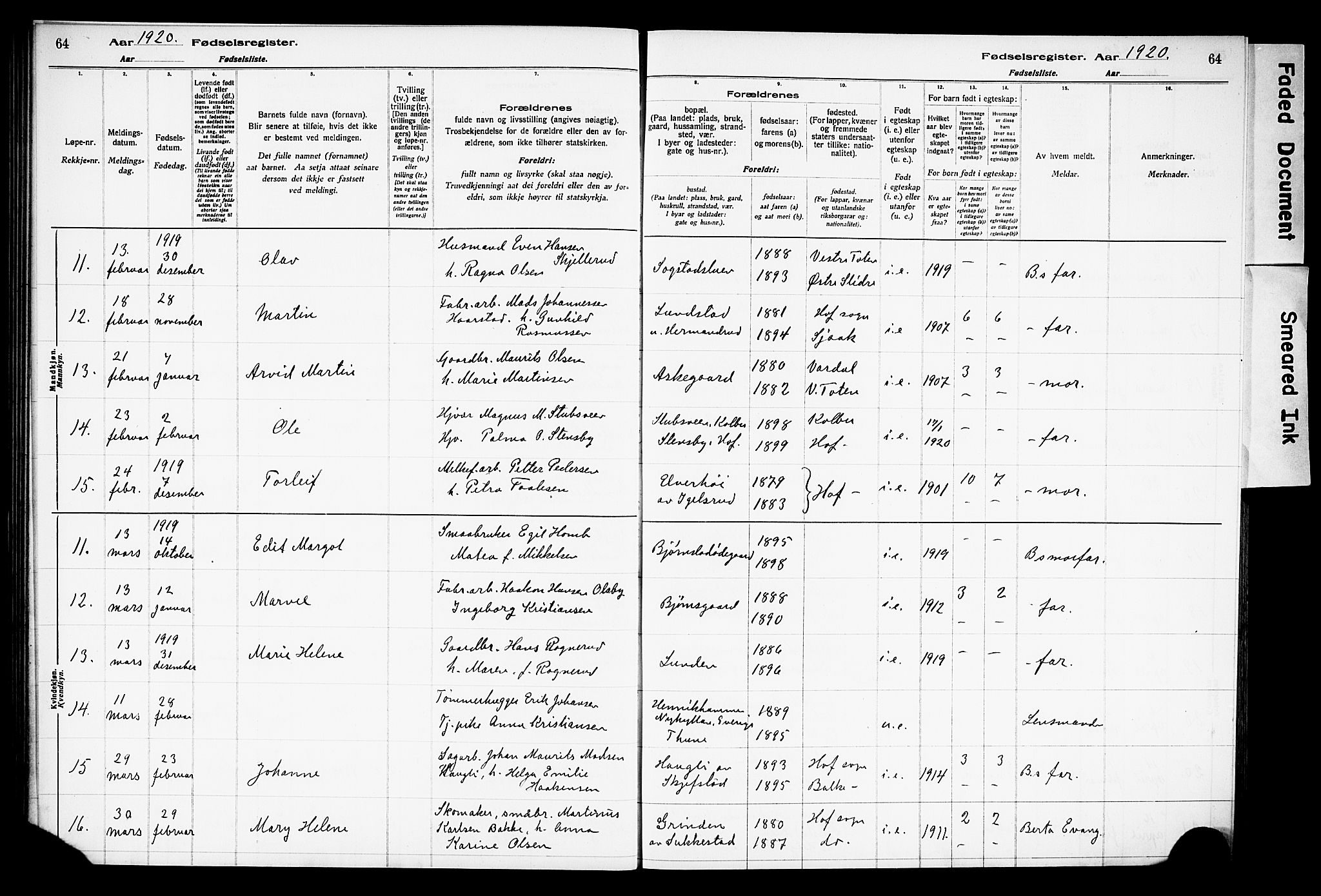 Østre Toten prestekontor, AV/SAH-PREST-104/I/Id/L0001/0001: Fødselsregister nr. 1.1, 1916-1928, s. 64