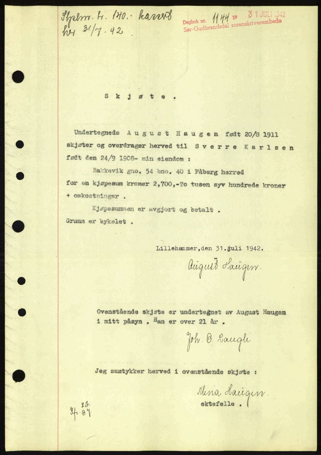 Sør-Gudbrandsdal tingrett, SAH/TING-004/H/Hb/Hbd/L0011: Pantebok nr. A11, 1942-1943, Dagboknr: 1144/1942