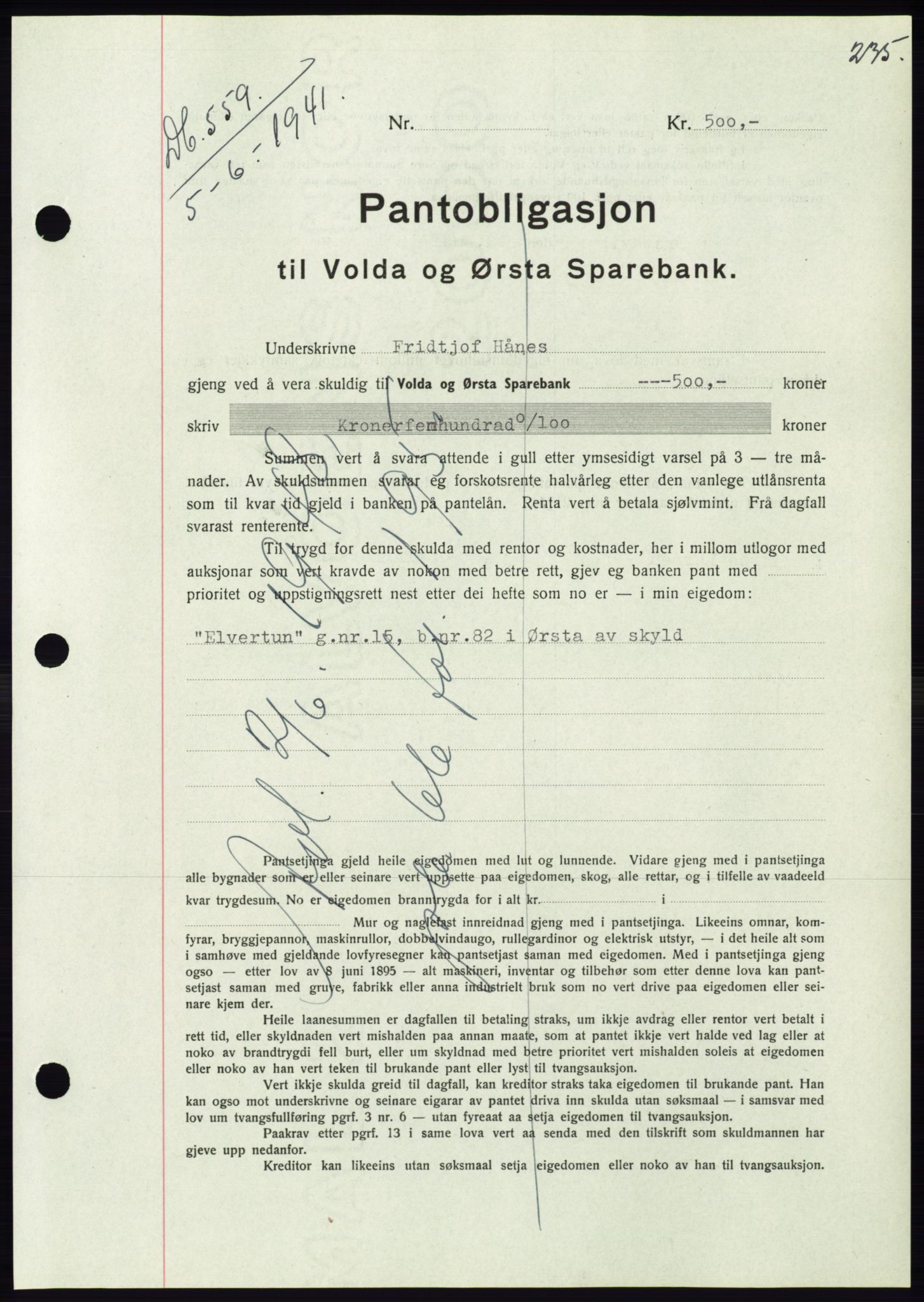 Søre Sunnmøre sorenskriveri, AV/SAT-A-4122/1/2/2C/L0071: Pantebok nr. 65, 1941-1941, Dagboknr: 559/1941