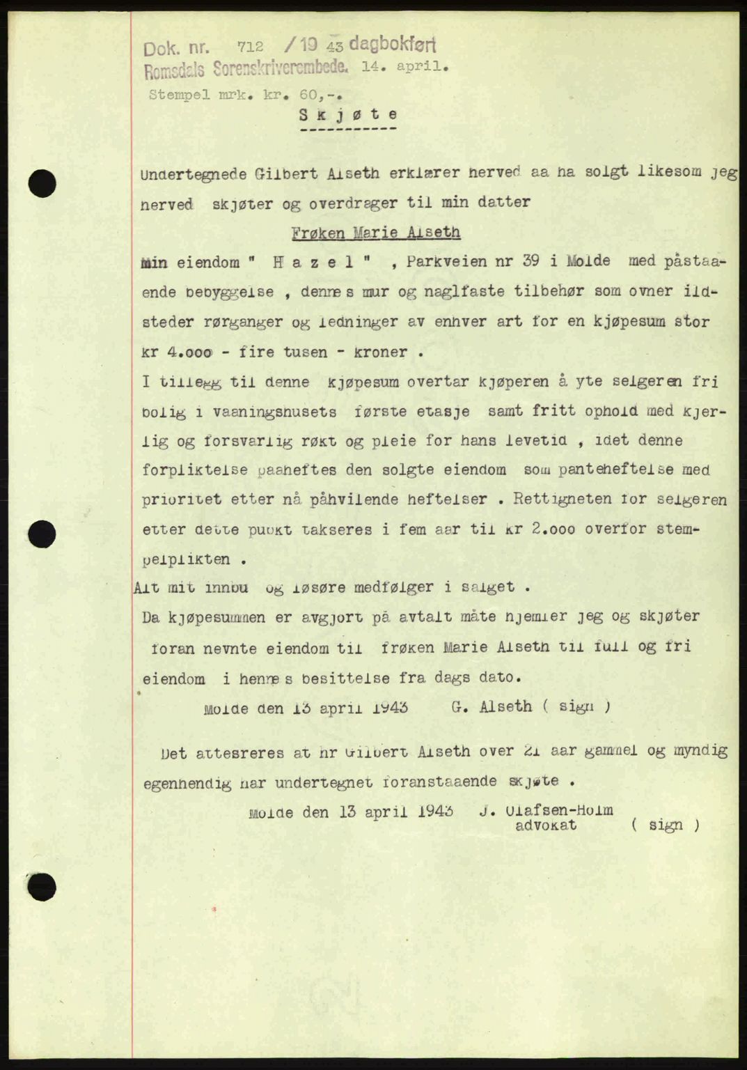 Romsdal sorenskriveri, SAT/A-4149/1/2/2C: Pantebok nr. A14, 1943-1943, Dagboknr: 712/1943