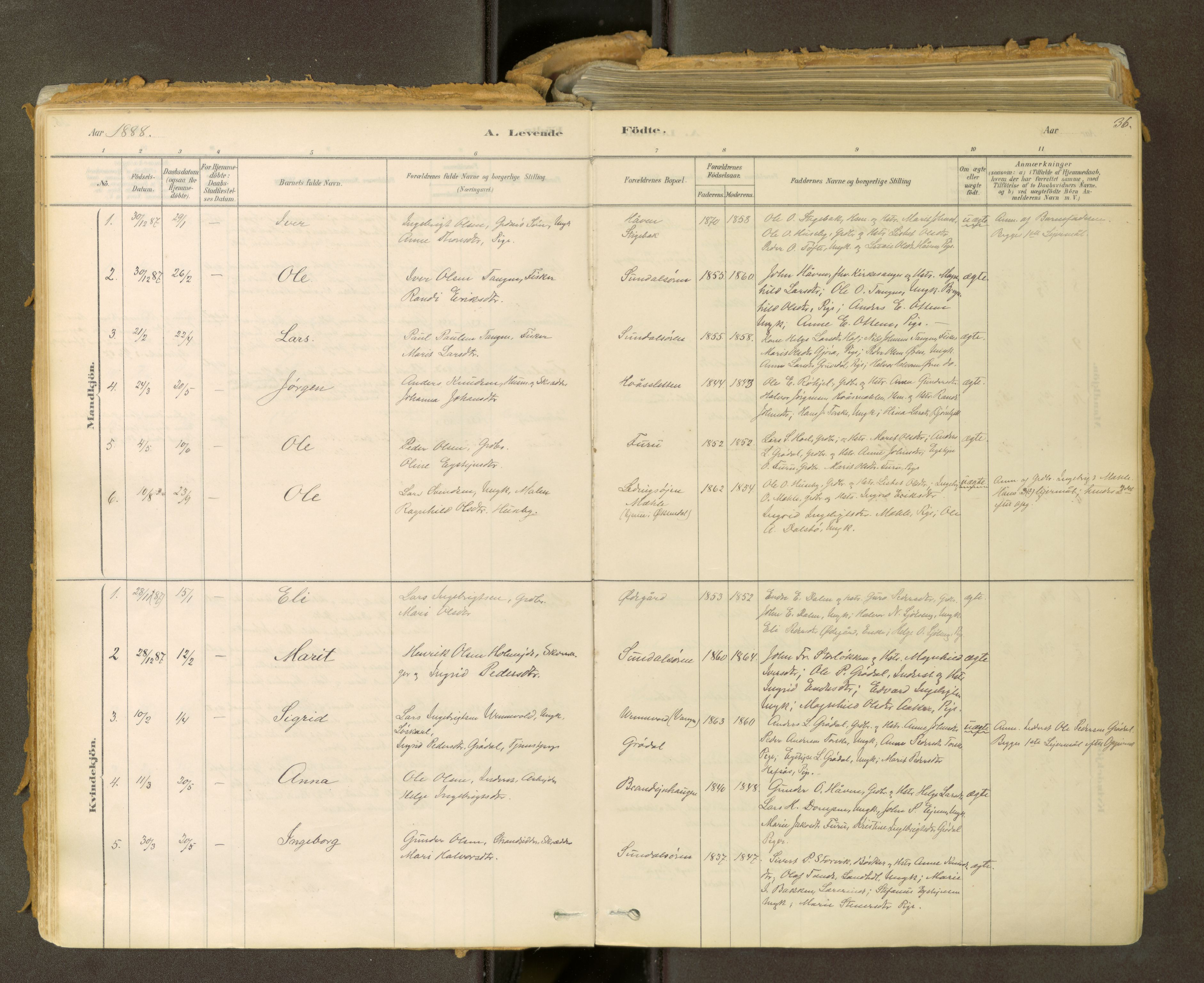 Sunndal sokneprestkontor, SAT/A-1085/1/I/I1/I1a: Ministerialbok nr. 2, 1877-1914, s. 36