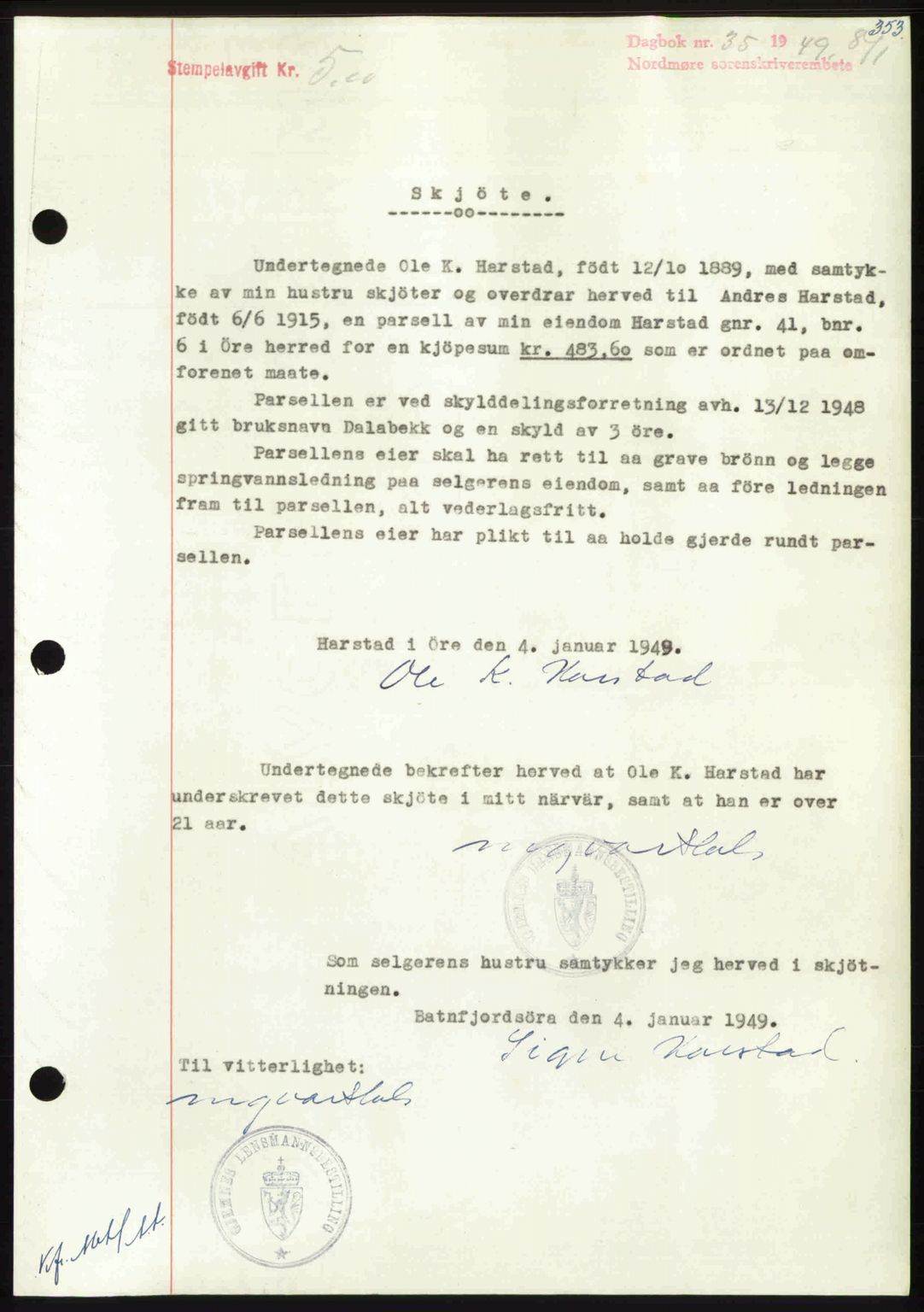 Nordmøre sorenskriveri, SAT/A-4132/1/2/2Ca: Pantebok nr. A110, 1948-1949, Dagboknr: 35/1949