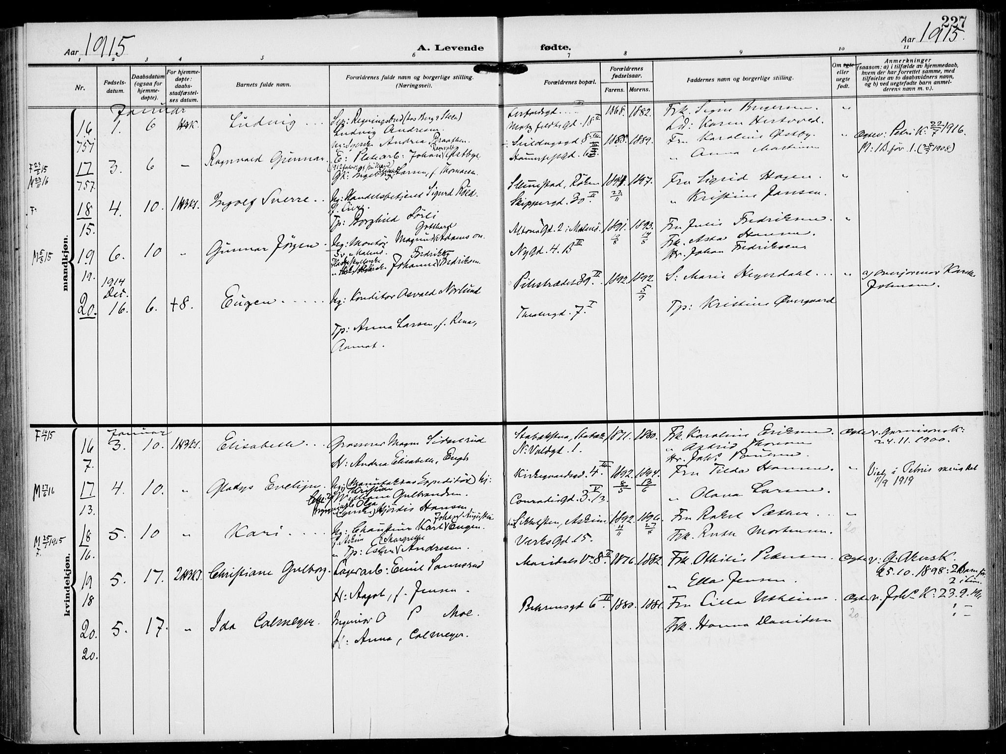 Rikshospitalet prestekontor Kirkebøker, AV/SAO-A-10309b/F/L0015: Ministerialbok nr. 15, 1913-1915, s. 227