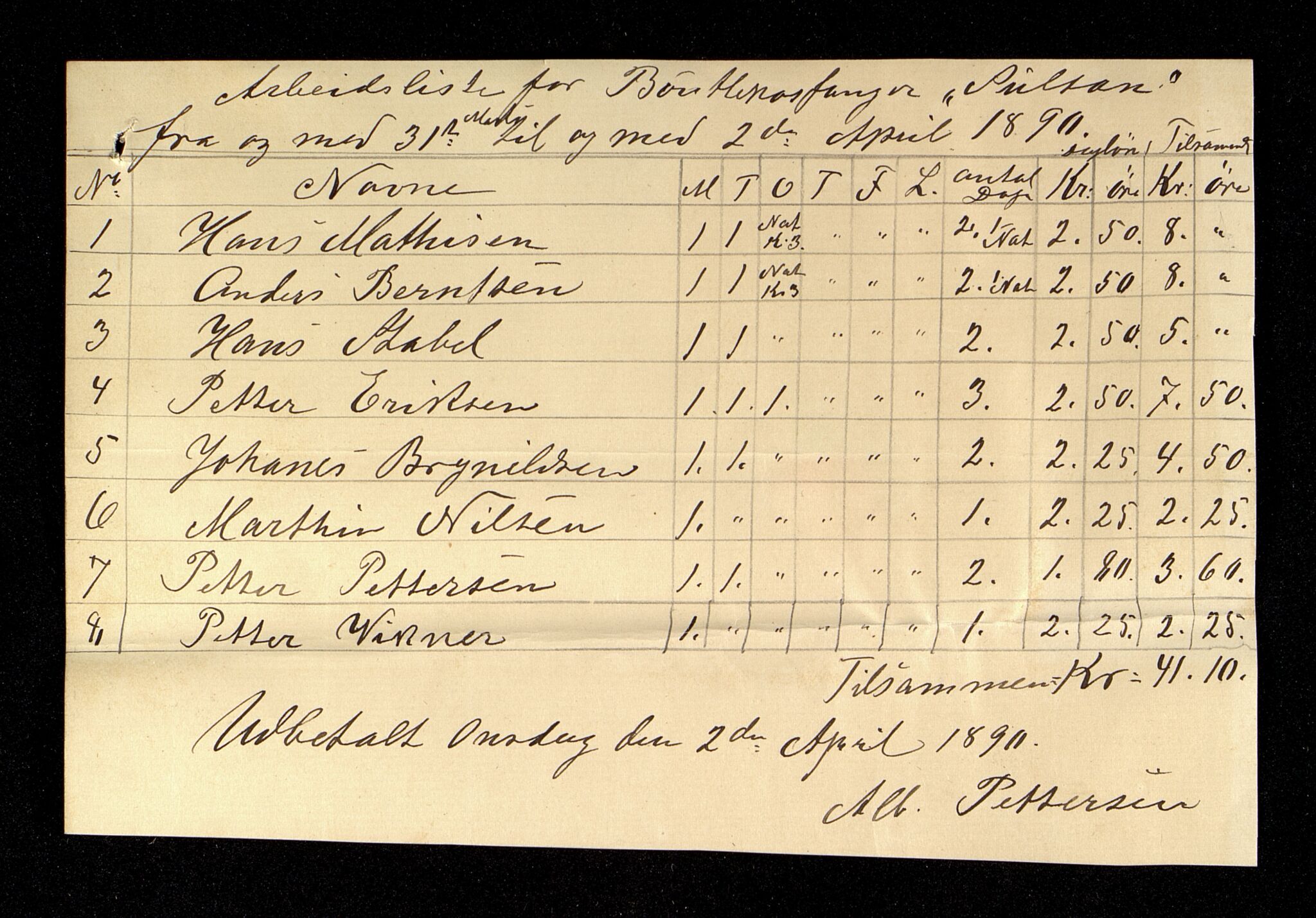 Pa 667 - Sultans Rederi, Tønsberg, VEMU/A-1776/Y/Yb/L0001: Arbeidslister, 1890-1892