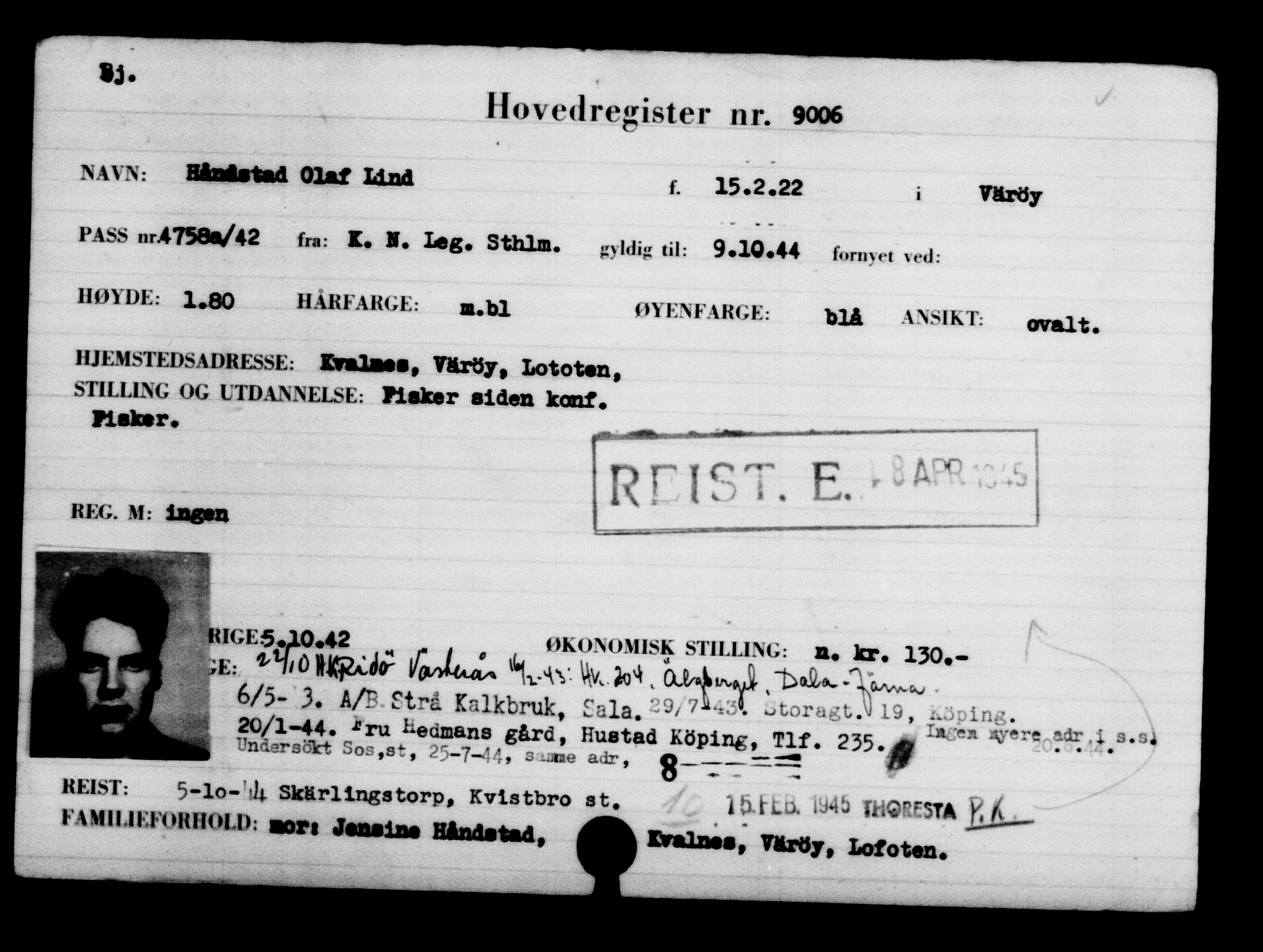 Utenriksstasjonene, Legasjonen i Stockholm, Flyktningkontoret, AV/RA-S-6753/V/Va/L0005: Kjesäterkartoteket, flyktninger med registreringsnr. 6600-9417, 1940-1945, s. 2826