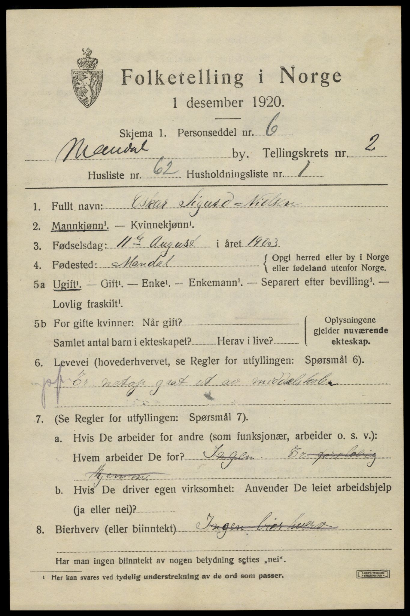 SAK, Folketelling 1920 for 1002 Mandal ladested, 1920, s. 4785