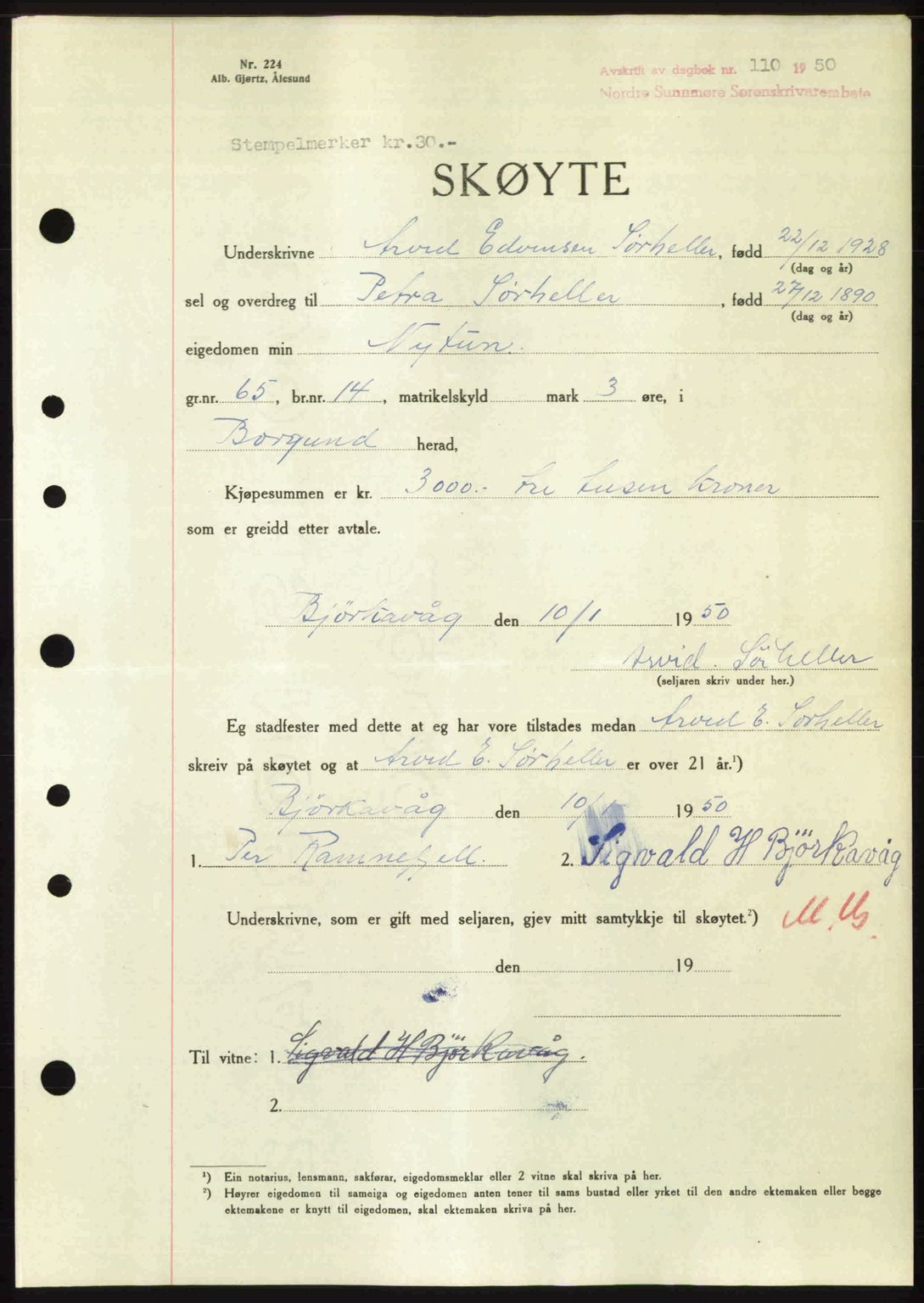 Nordre Sunnmøre sorenskriveri, SAT/A-0006/1/2/2C/2Ca: Pantebok nr. A33, 1949-1950, Dagboknr: 110/1950