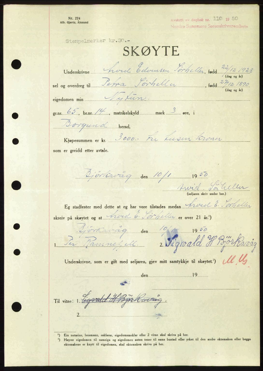 Nordre Sunnmøre sorenskriveri, AV/SAT-A-0006/1/2/2C/2Ca: Pantebok nr. A33, 1949-1950, Dagboknr: 110/1950