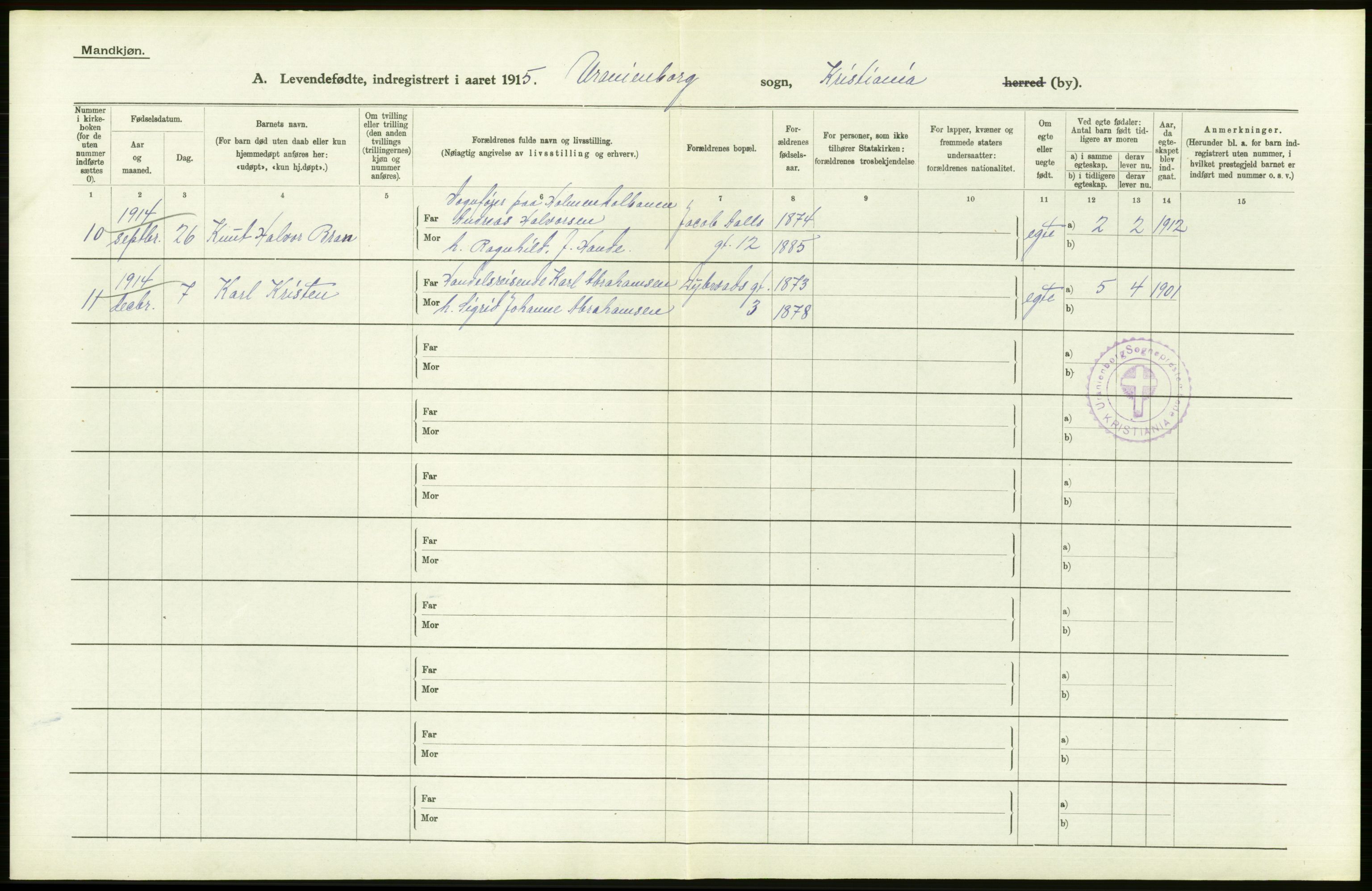 Statistisk sentralbyrå, Sosiodemografiske emner, Befolkning, AV/RA-S-2228/D/Df/Dfb/Dfbe/L0007: Kristiania: Levendefødte menn og kvinner., 1915, s. 522