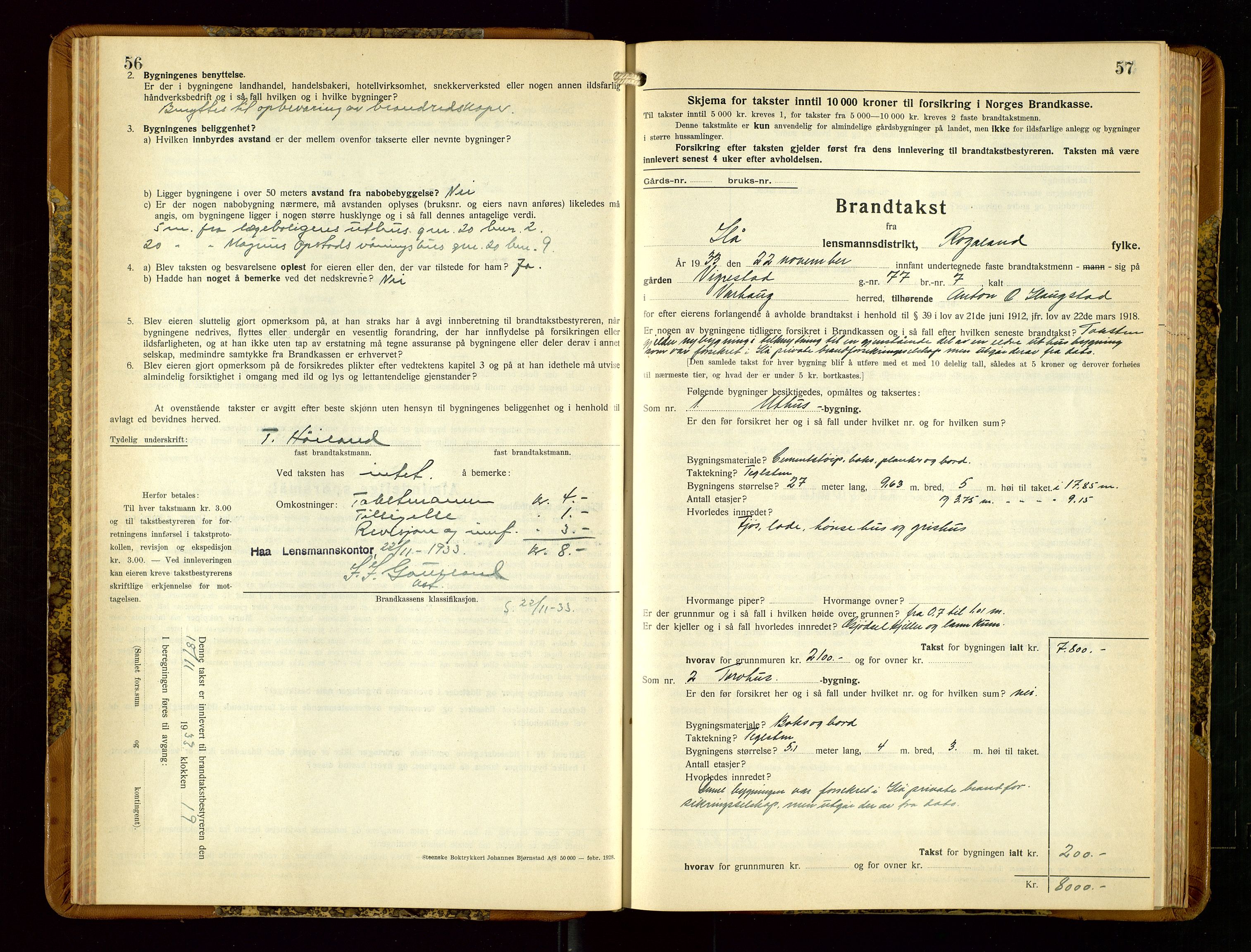 Hå lensmannskontor, AV/SAST-A-100456/Goa/L0006: Takstprotokoll (skjema), 1932-1938, s. 56-57