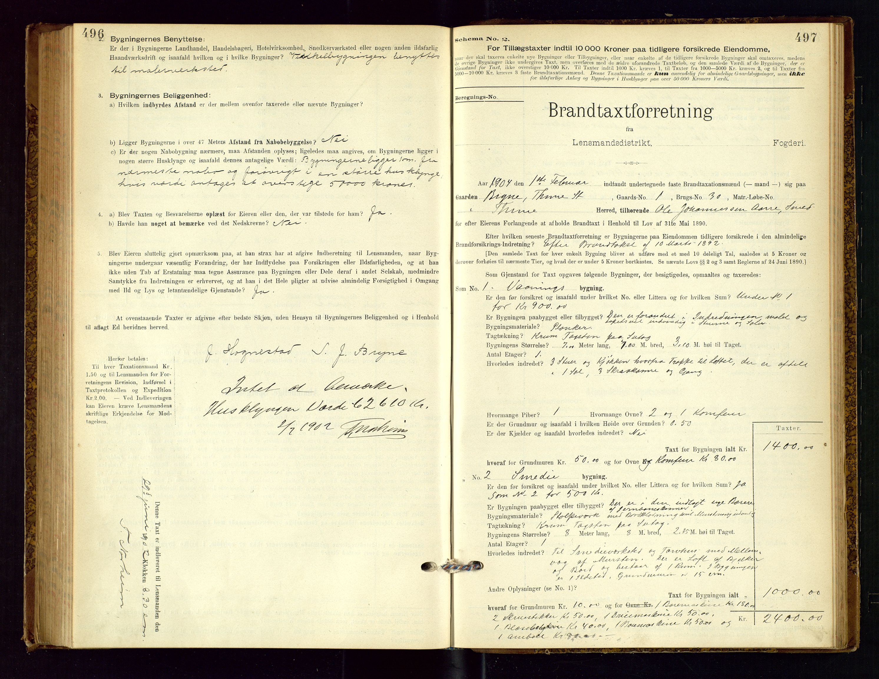 Time lensmannskontor, AV/SAST-A-100420/Gob/L0001: Branntakstprotokoll, 1896-1914, s. 496-497