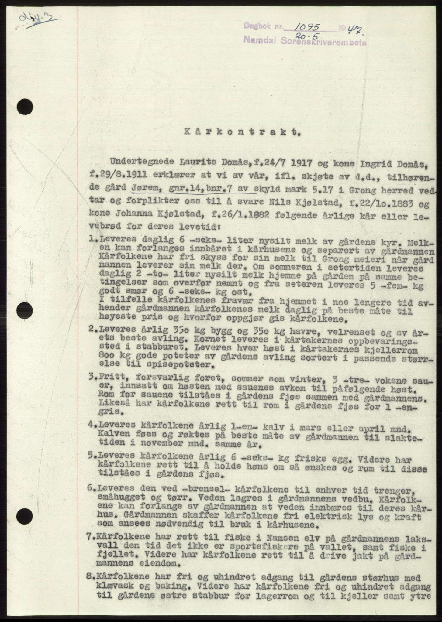 Namdal sorenskriveri, SAT/A-4133/1/2/2C: Pantebok nr. -, 1947-1947, Dagboknr: 1095/1947