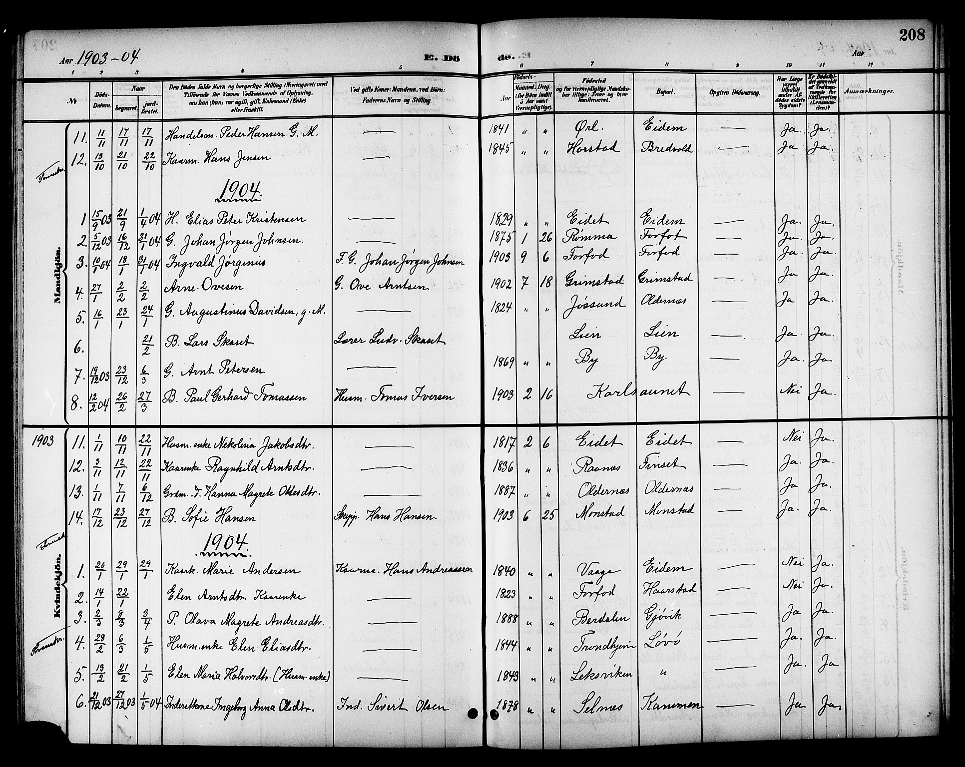 Ministerialprotokoller, klokkerbøker og fødselsregistre - Sør-Trøndelag, AV/SAT-A-1456/655/L0688: Klokkerbok nr. 655C04, 1899-1922, s. 208