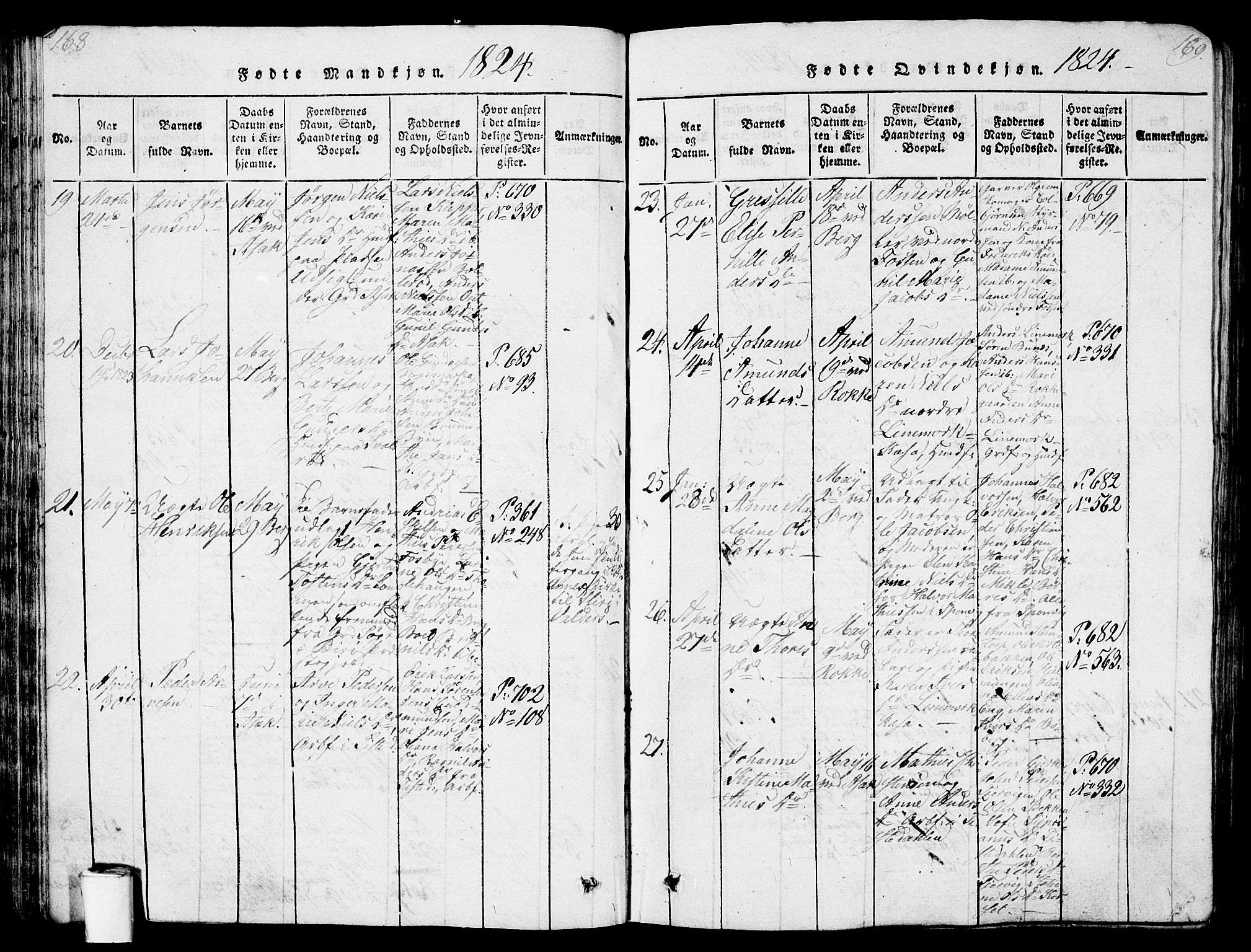 Berg prestekontor Kirkebøker, AV/SAO-A-10902/G/Ga/L0001: Klokkerbok nr. I 1, 1815-1832, s. 168-169