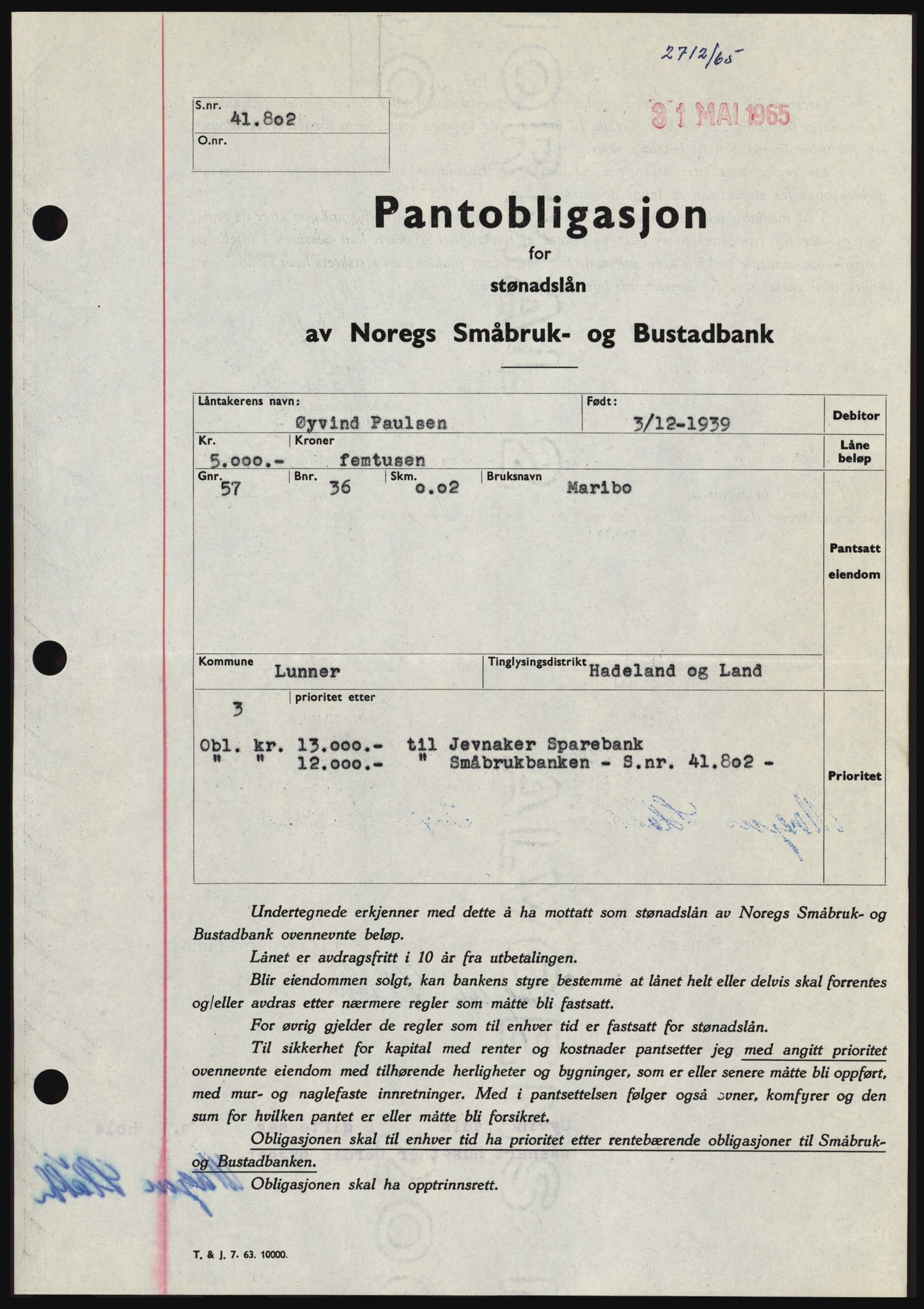 Hadeland og Land tingrett, SAH/TING-010/H/Hb/Hbc/L0059: Pantebok nr. B59, 1965-1965, Dagboknr: 2712/1965