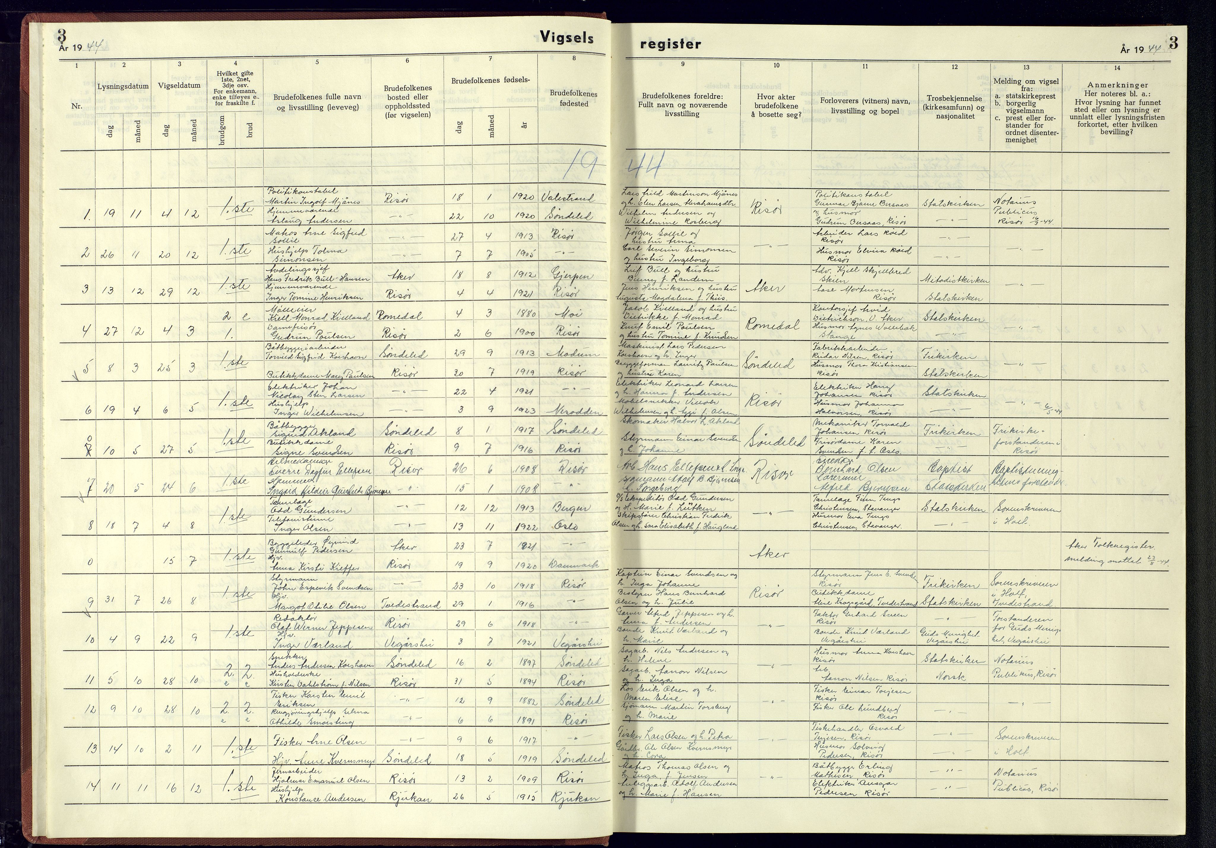 Risør sokneprestkontor, AV/SAK-1111-0035/J/Jb/L0003: Vigselsregister nr. A-VI-9, 1942-1945, s. 3