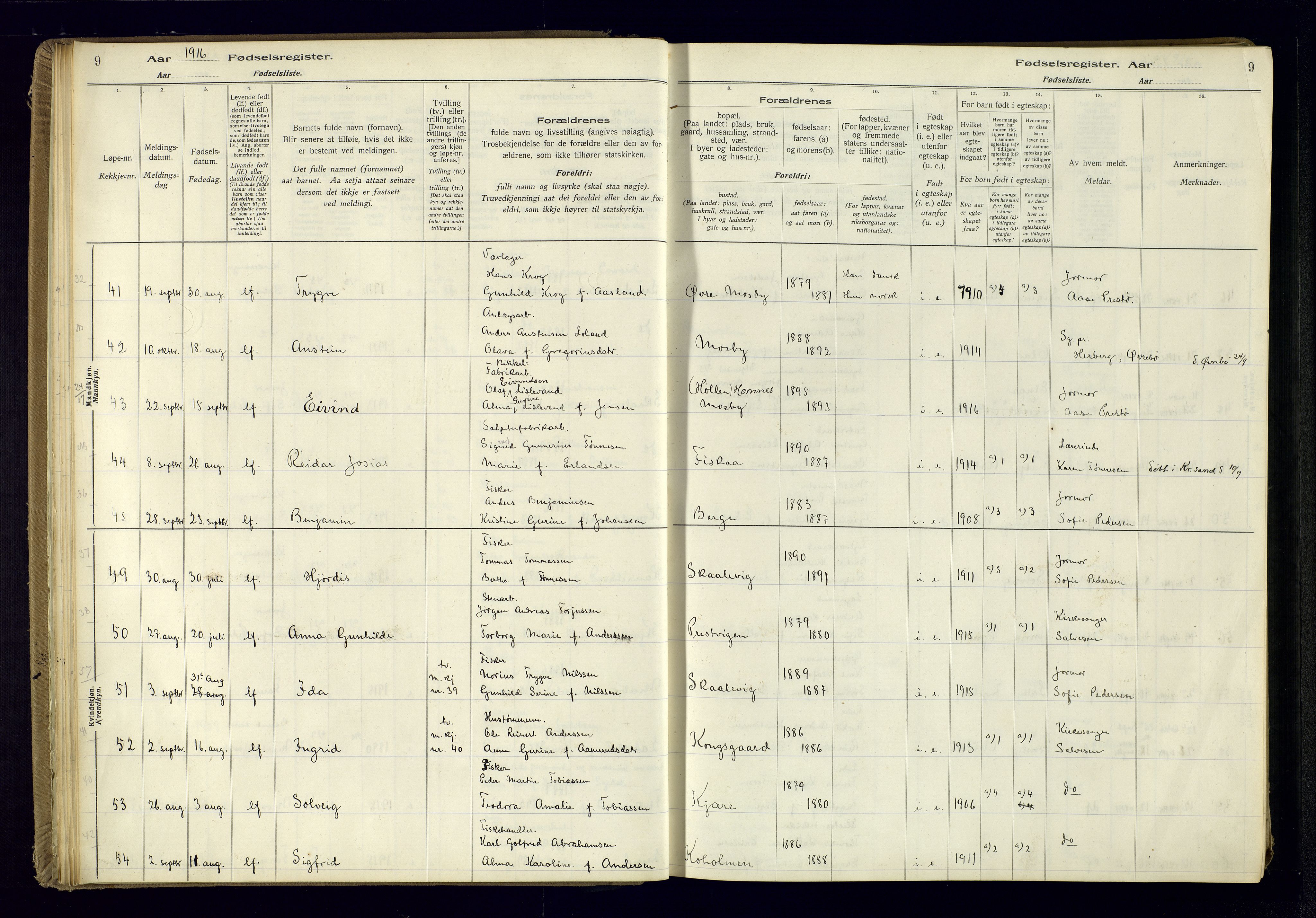 Oddernes sokneprestkontor, AV/SAK-1111-0033/J/Ja/L0001: Fødselsregister nr. 1, 1916-1935, s. 9