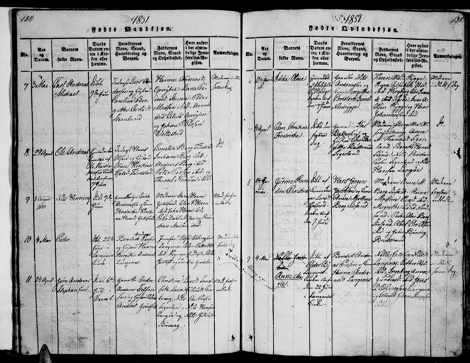 Ministerialprotokoller, klokkerbøker og fødselsregistre - Nordland, AV/SAT-A-1459/893/L1346: Klokkerbok nr. 893C01, 1820-1858, s. 134-135