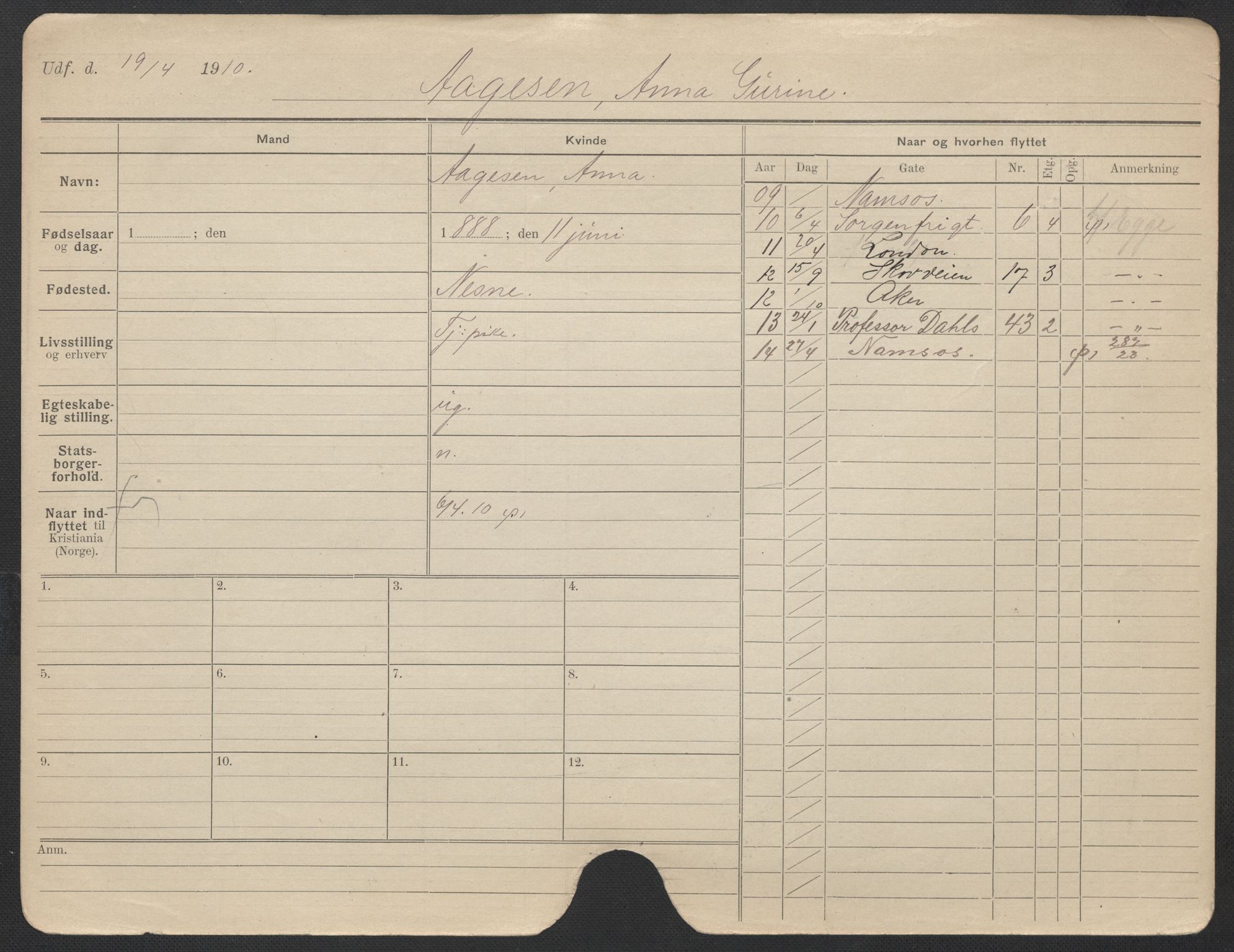 Oslo folkeregister, Registerkort, SAO/A-11715/F/Fa/Fac/L0025: Kvinner, 1906-1914, s. 1150a