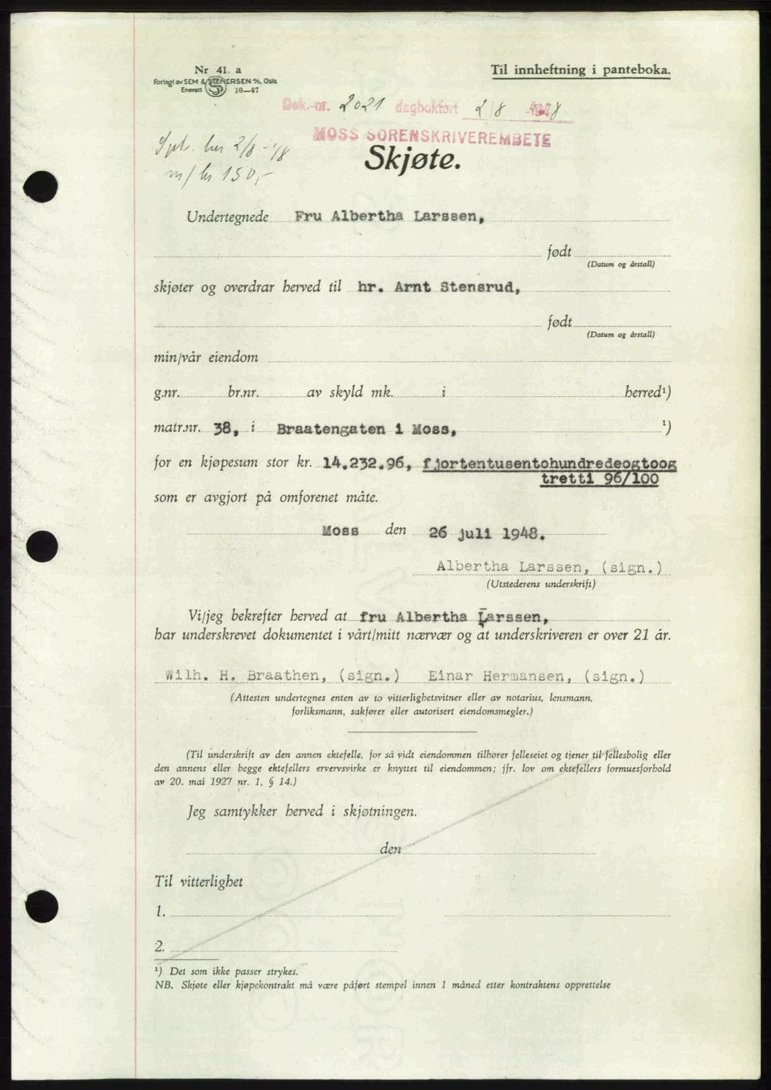 Moss sorenskriveri, SAO/A-10168: Pantebok nr. A20, 1948-1948, Dagboknr: 2021/1948